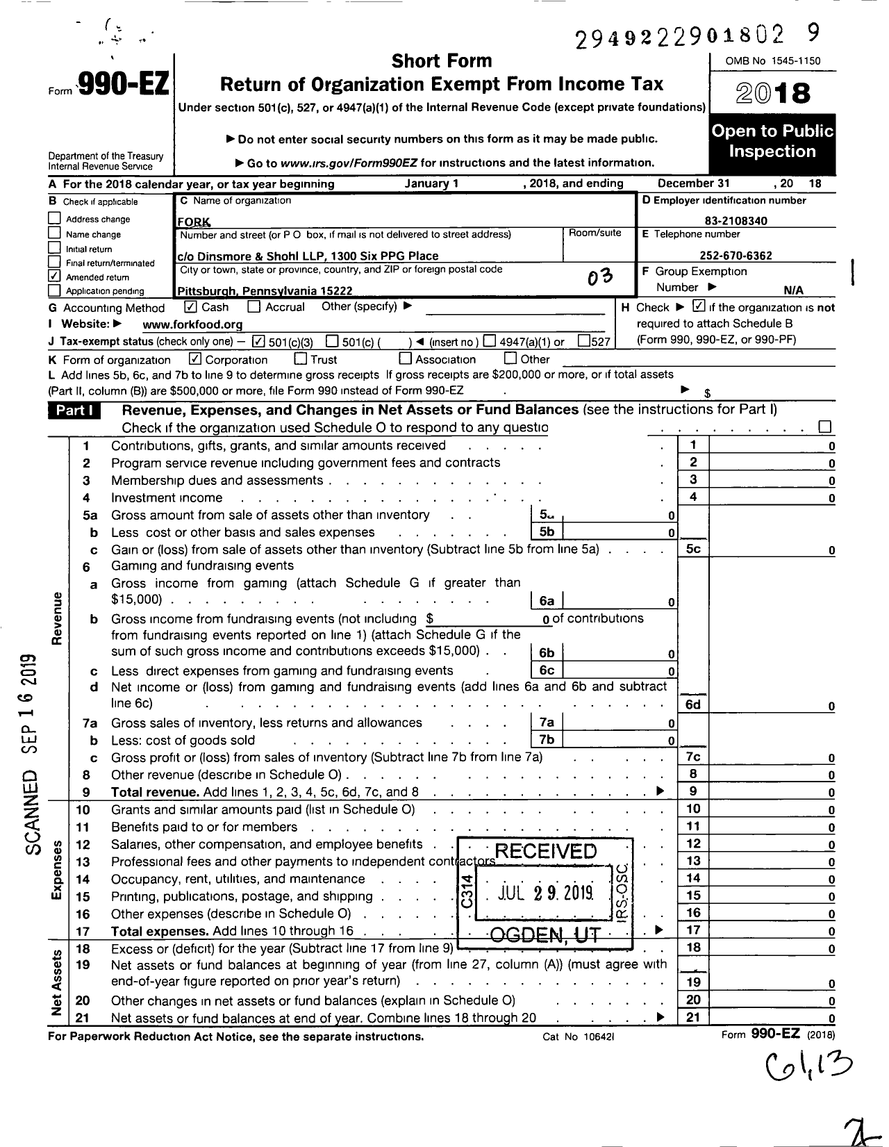 Image of first page of 2018 Form 990EZ for Fork
