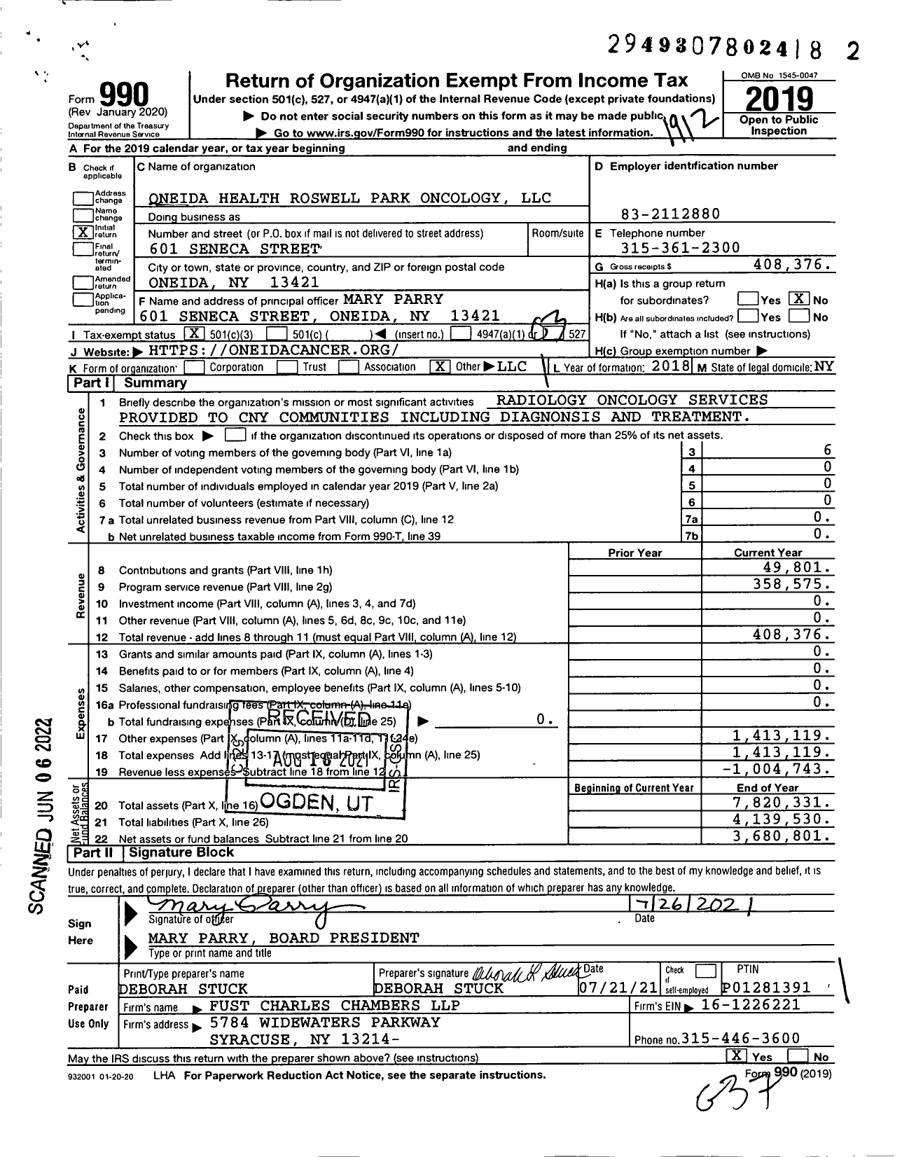 Image of first page of 2019 Form 990 for Oneida Health Roswell Park Oncology LLC