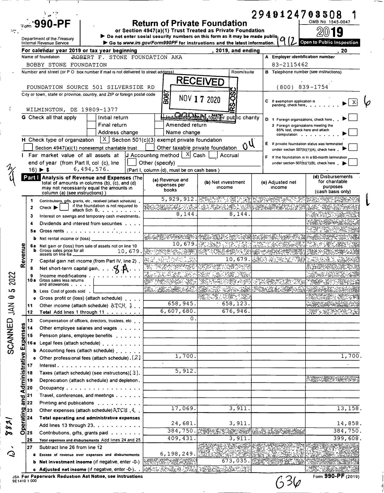 Image of first page of 2019 Form 990PF for Bobby Stone Foundation