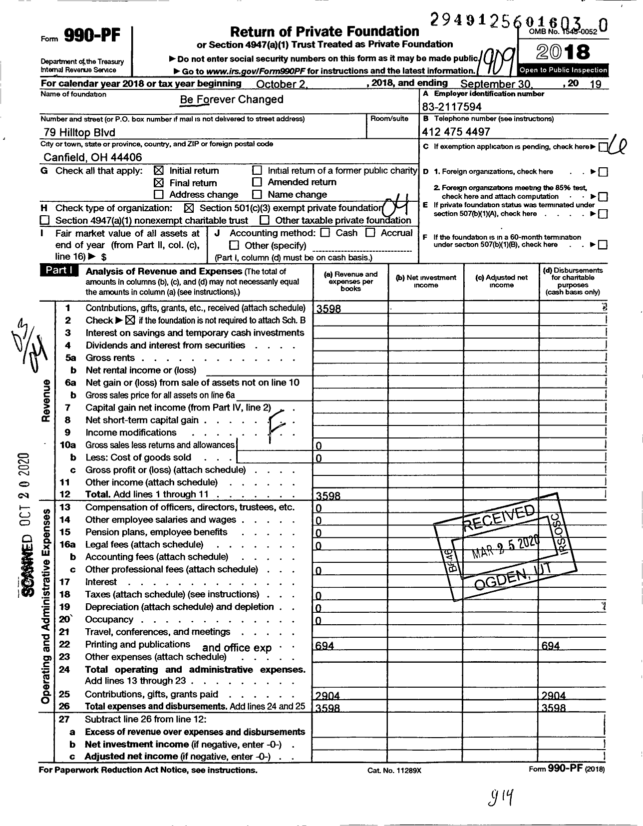Image of first page of 2018 Form 990PR for Be Forever Changed