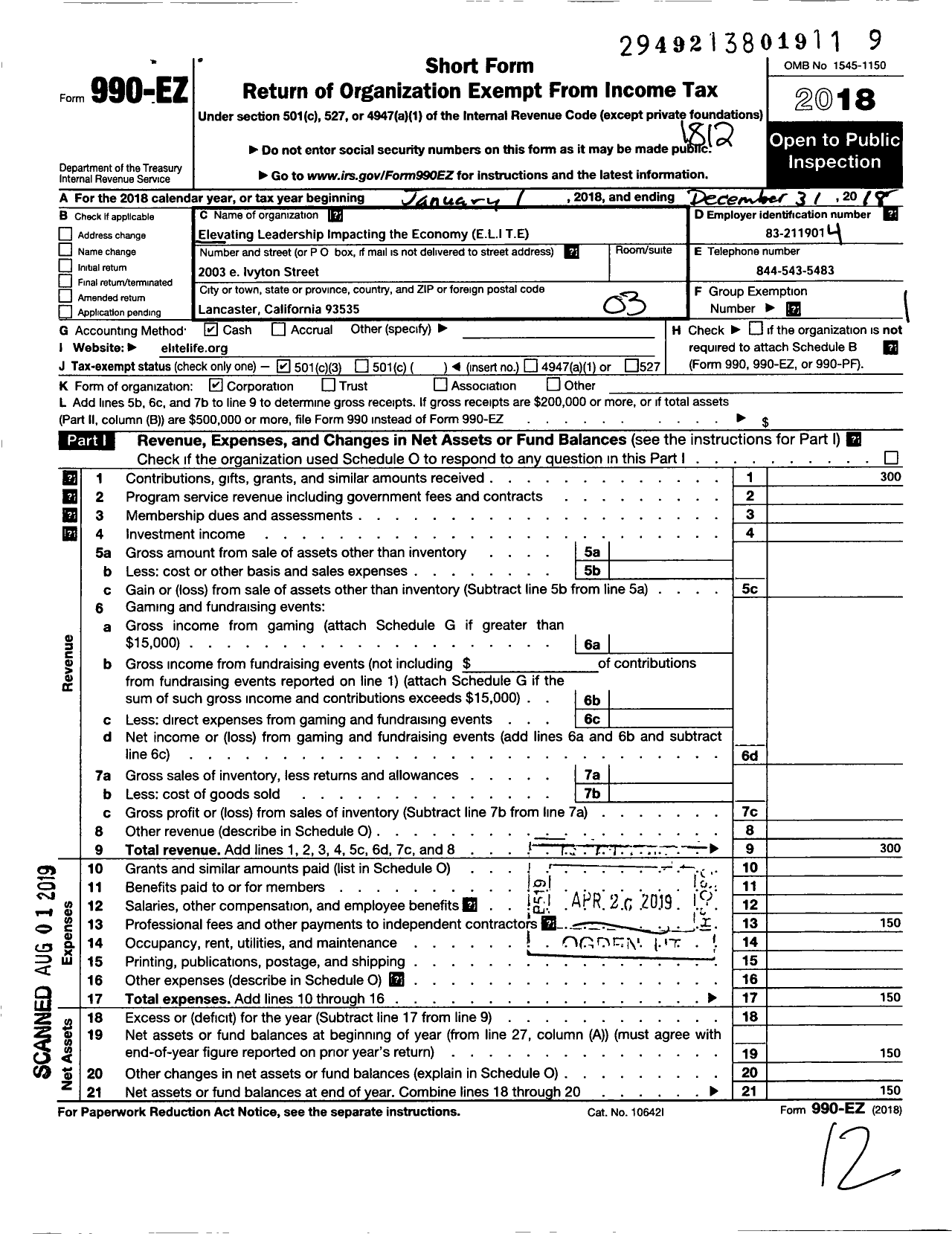 Image of first page of 2018 Form 990EZ for Elevating Leadership Impacting the Economy