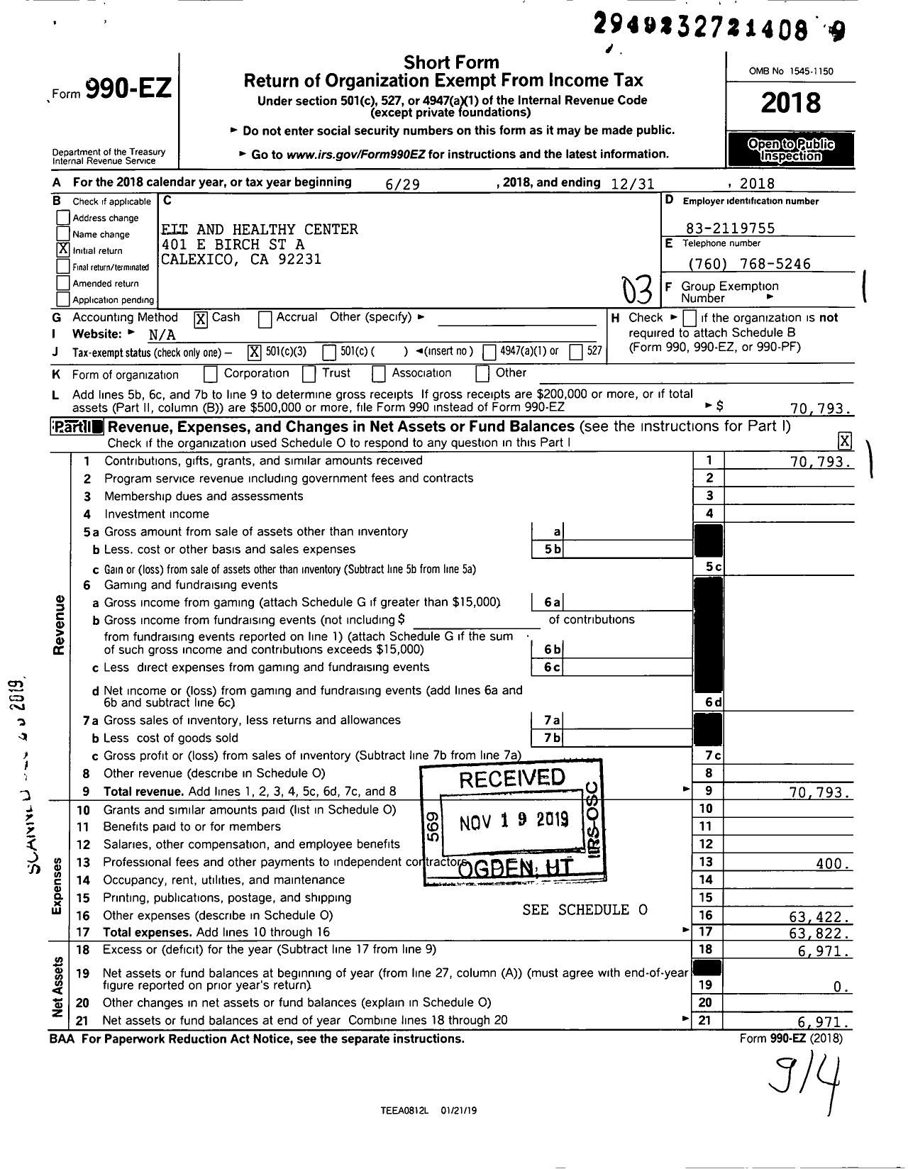 Image of first page of 2018 Form 990EZ for Fit and Healthy Center