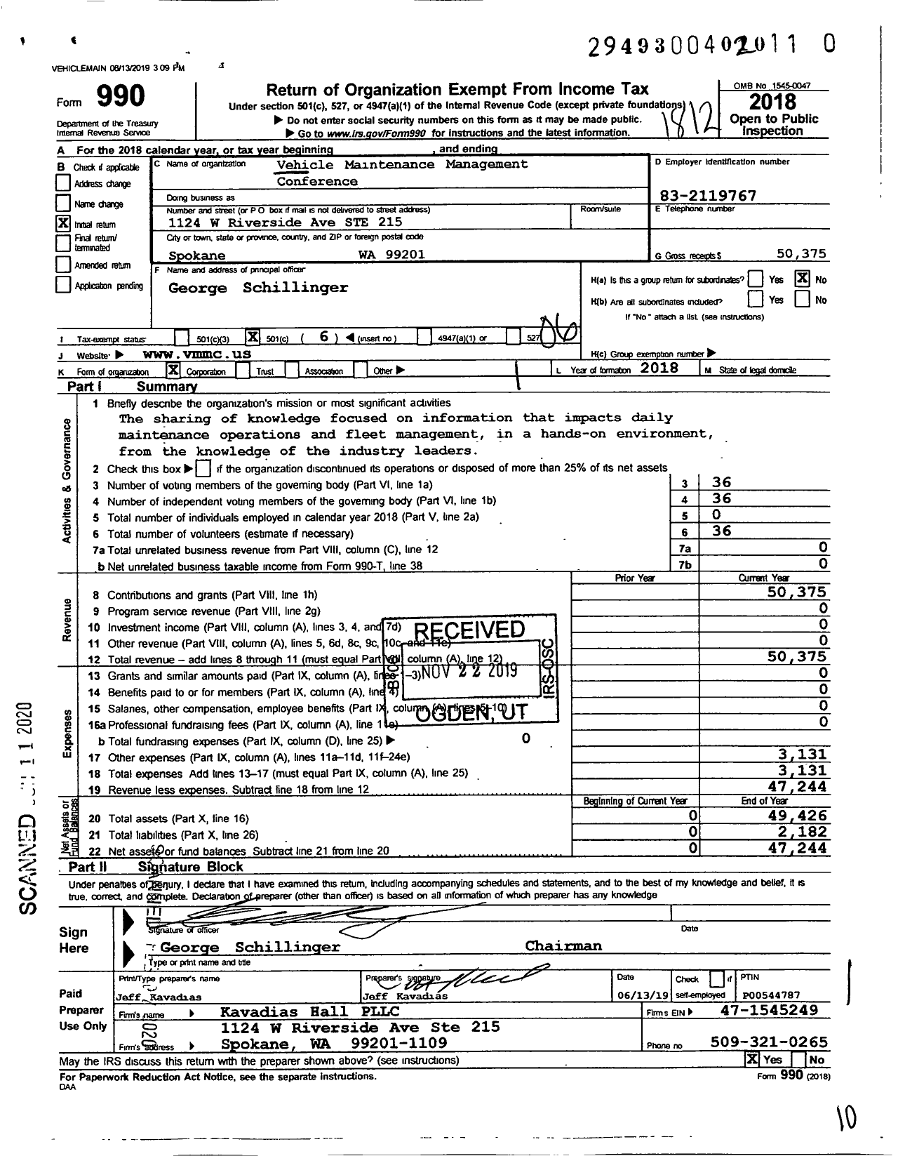 Image of first page of 2018 Form 990O for Vehicle Maintenance Management Conference (VMMC)