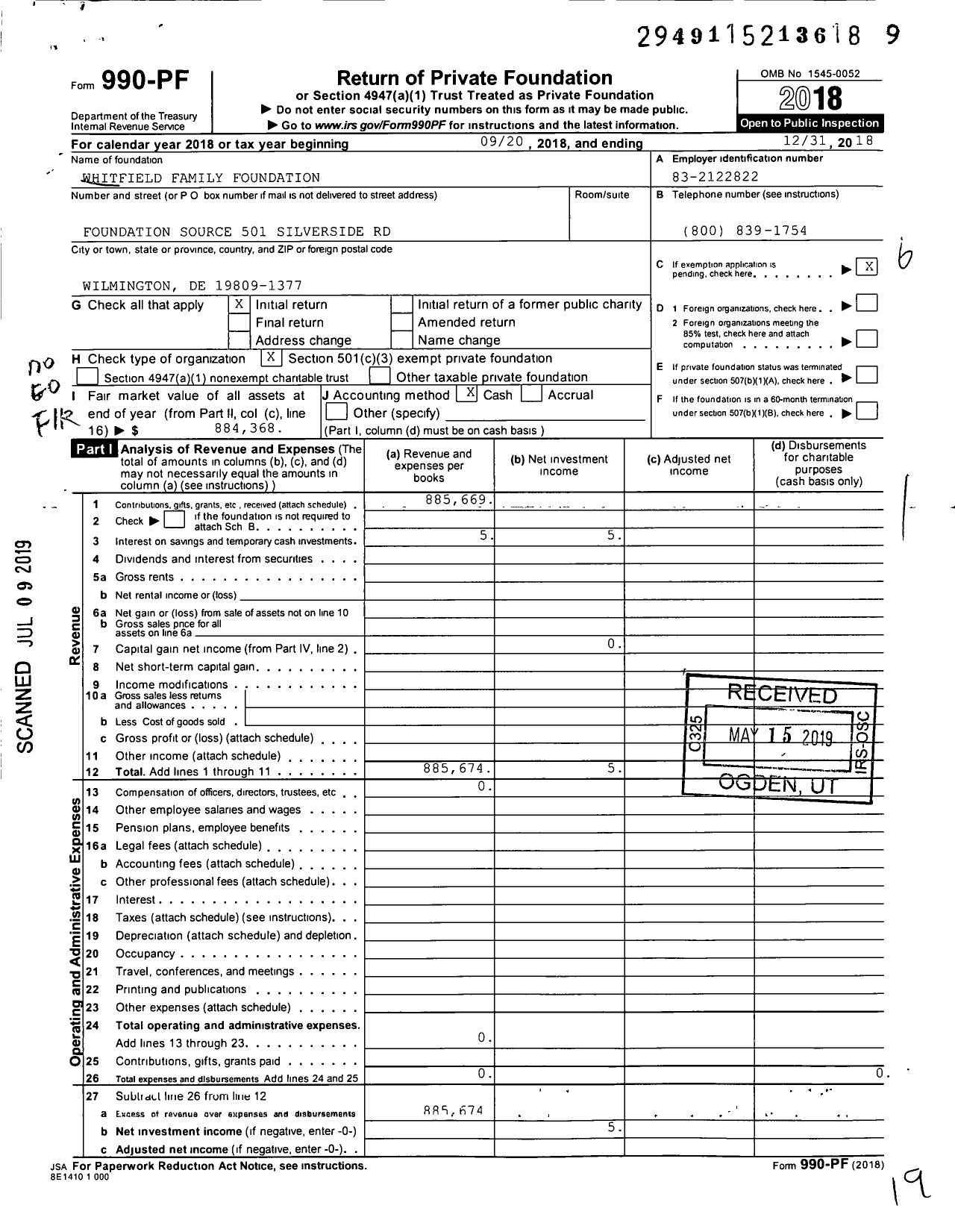 Image of first page of 2018 Form 990PF for Whitfield Family Foundation