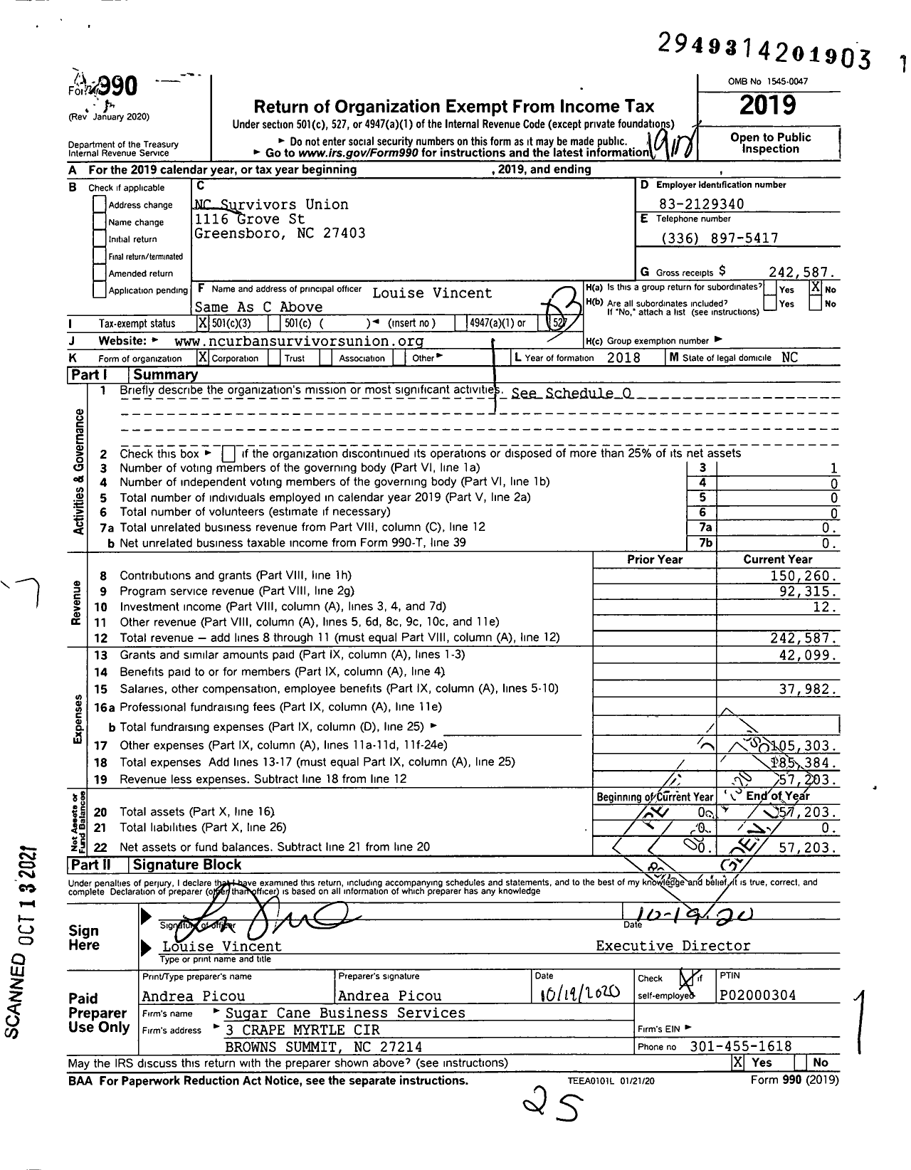 Image of first page of 2019 Form 990 for NC Survivors Union