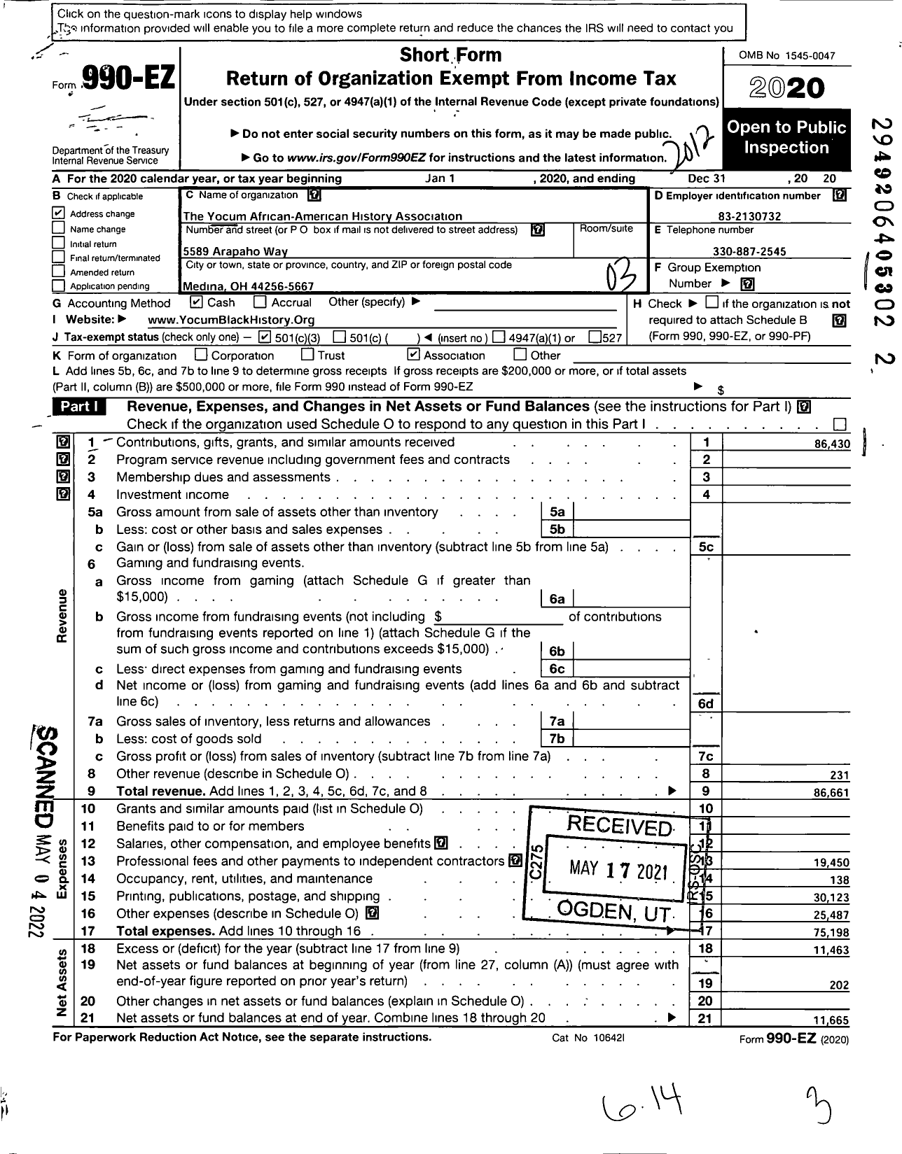 Image of first page of 2020 Form 990EZ for Yocum African-American History Association