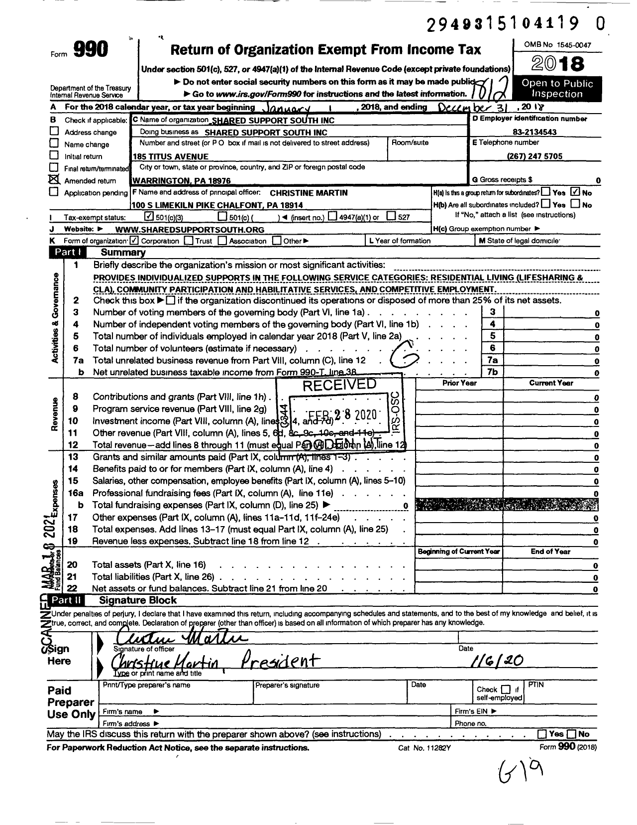 Image of first page of 2018 Form 990 for Shared Support South
