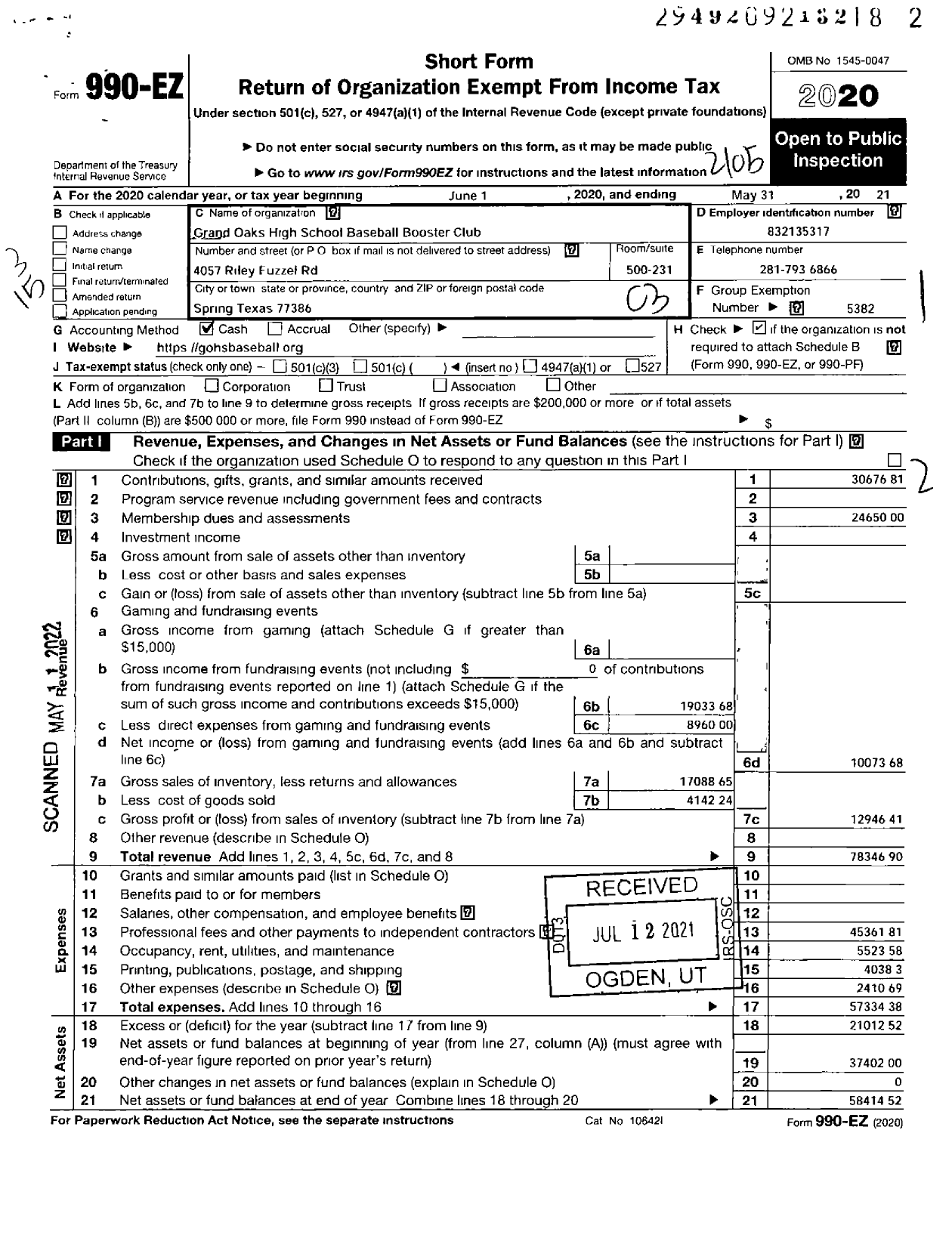 Image of first page of 2020 Form 990EZ for Grand Oaks High School Baseball Booster Club