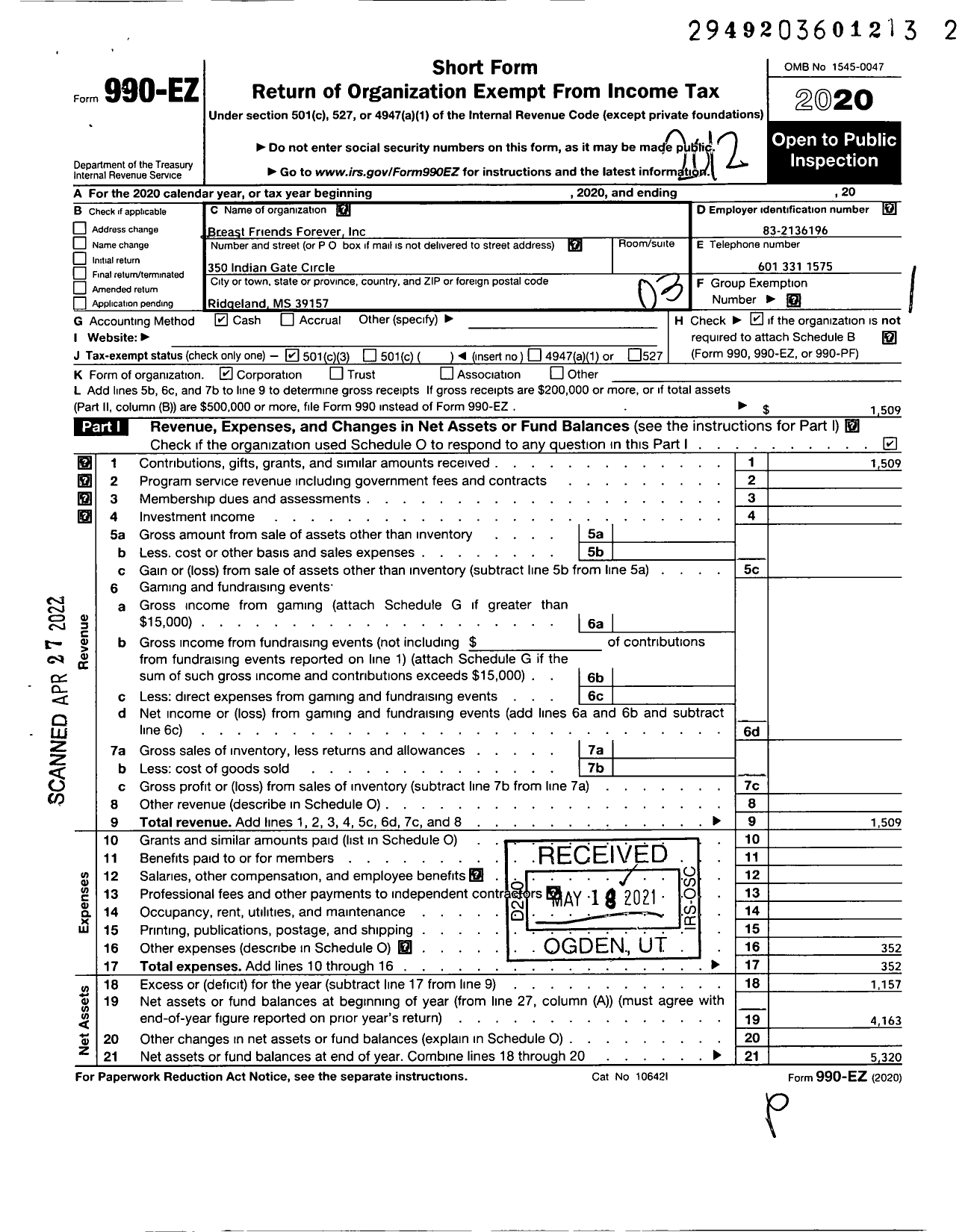 Image of first page of 2020 Form 990EZ for Breast Friends Forever