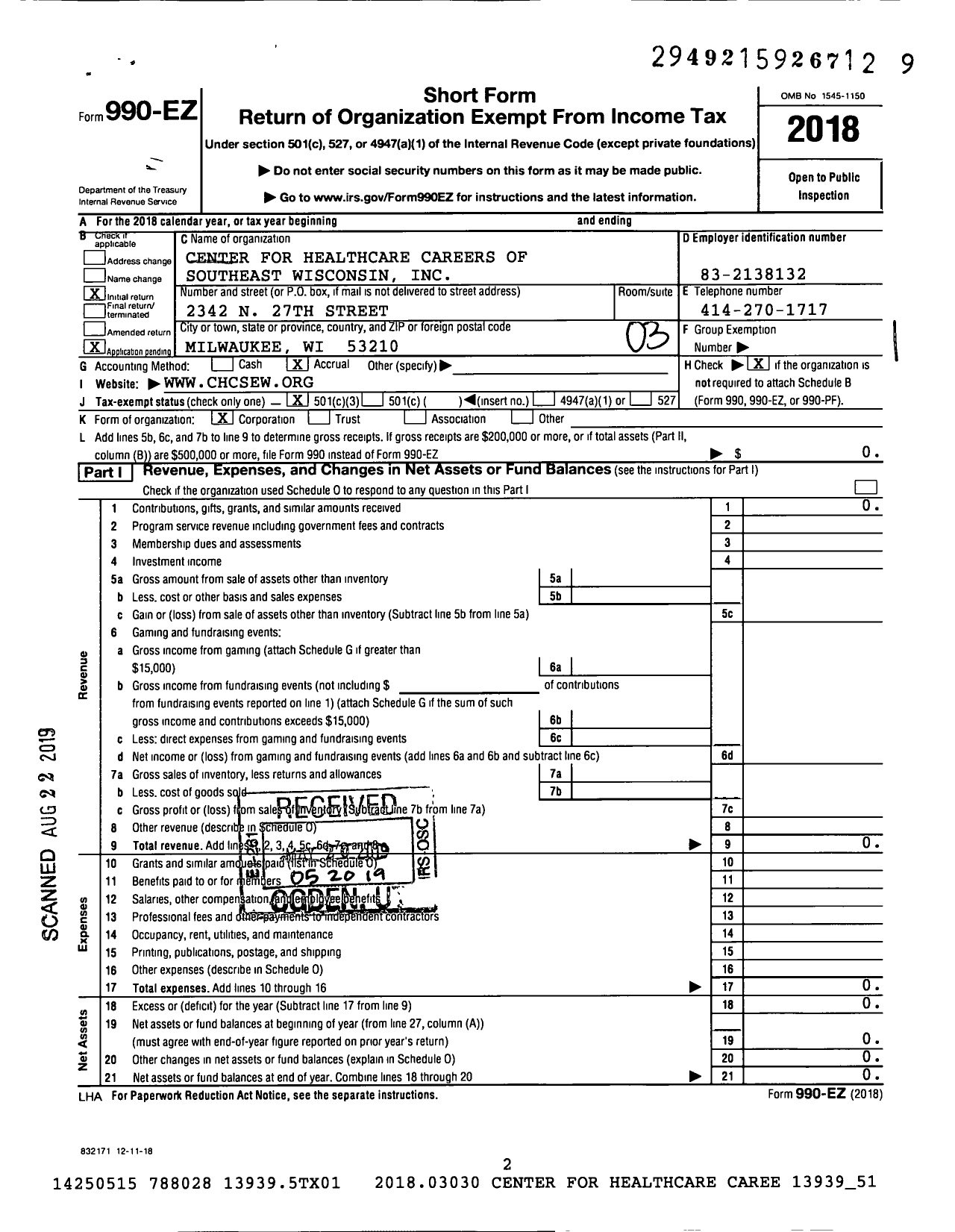 Image of first page of 2018 Form 990EZ for Center for Healthcare Careers of Southeast Wisconsin