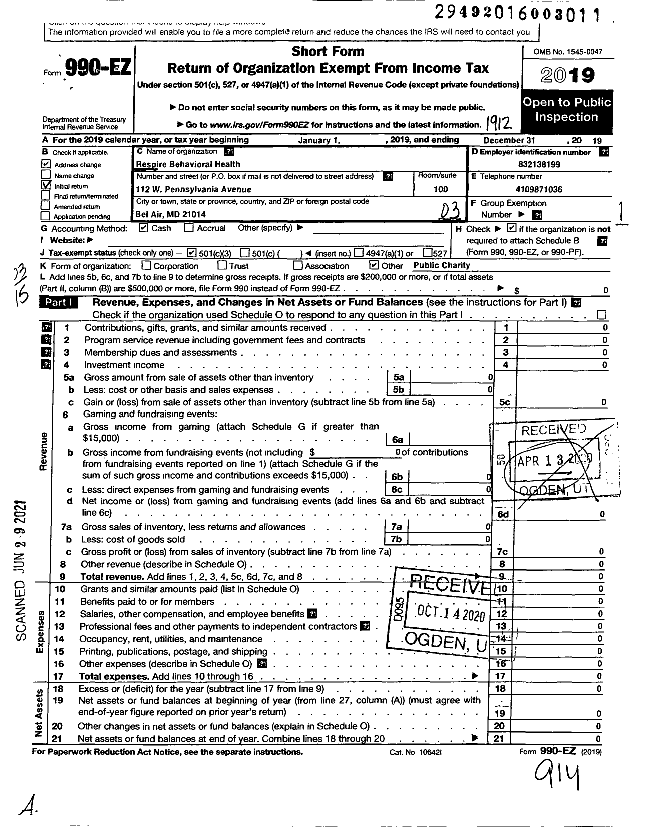 Image of first page of 2019 Form 990EZ for Respire Behavioral Health