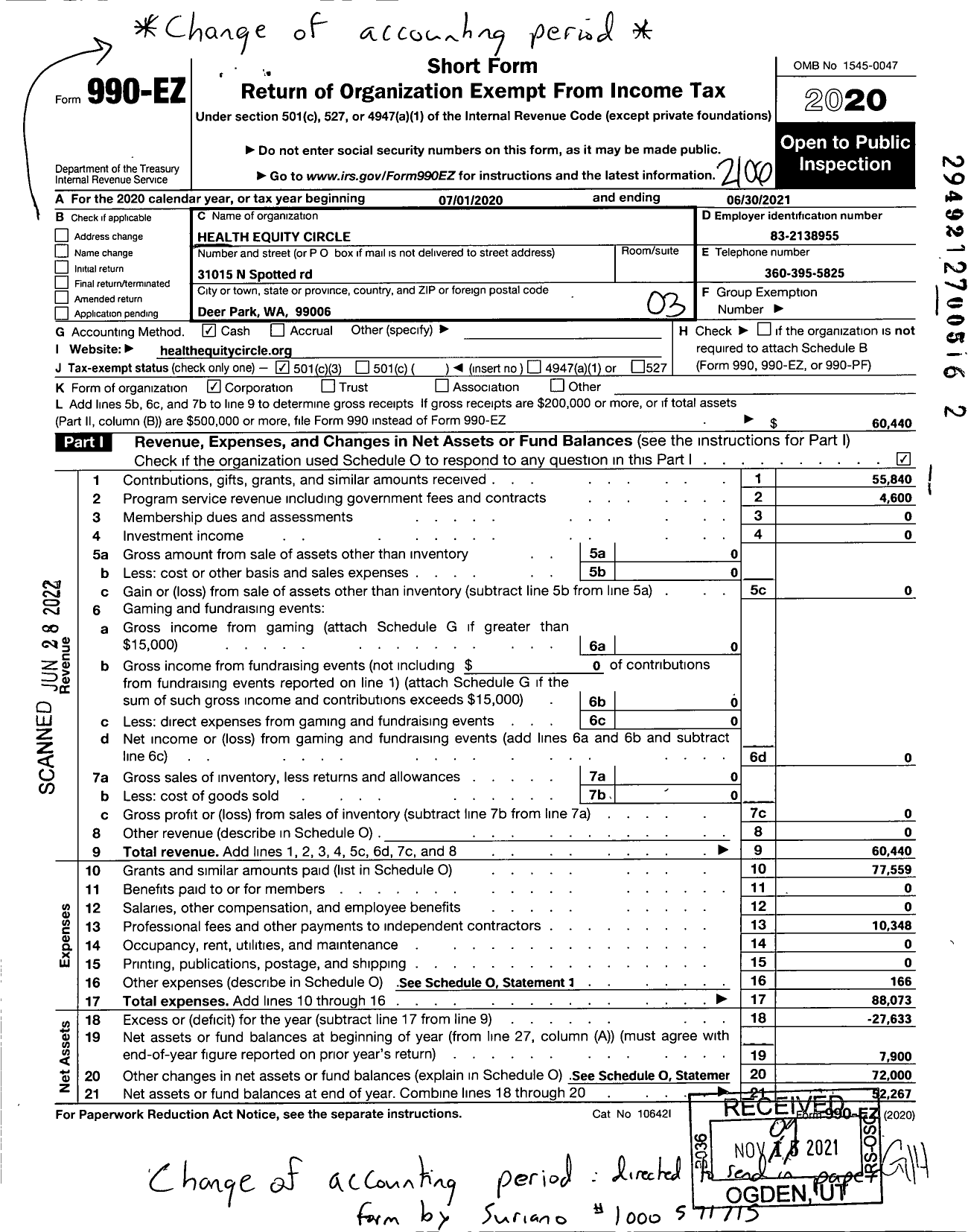 Image of first page of 2020 Form 990EZ for Health Equity Circle