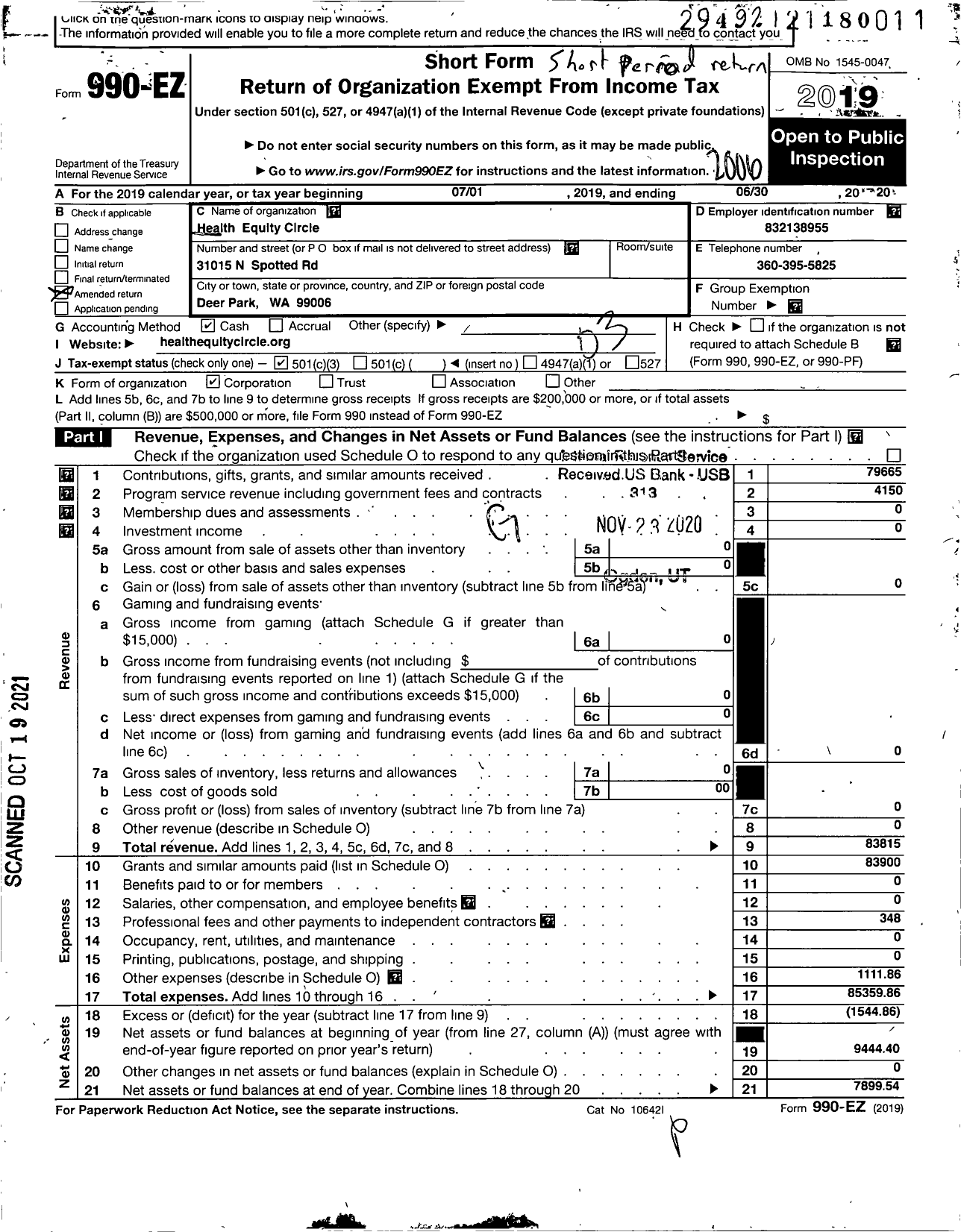 Image of first page of 2019 Form 990EZ for Health Equity Circle