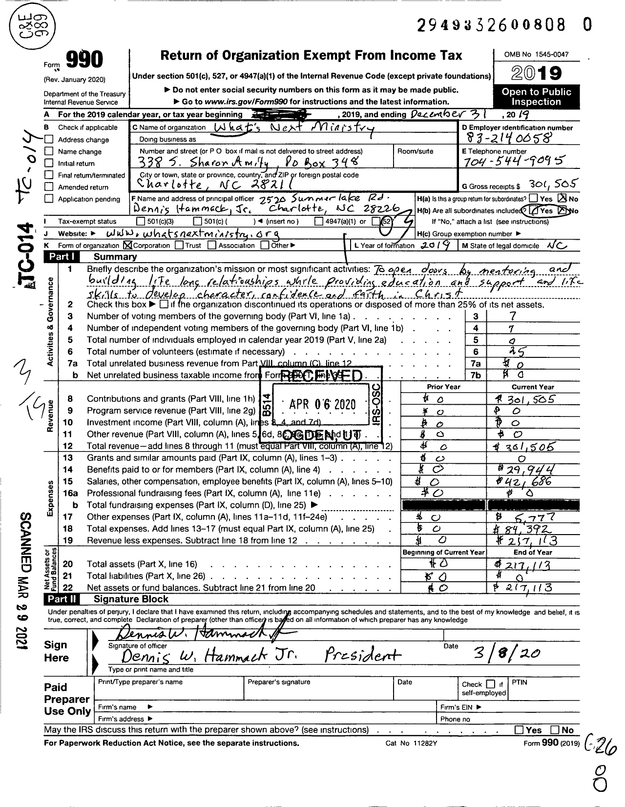 Image of first page of 2019 Form 990 for Whats Next Ministry