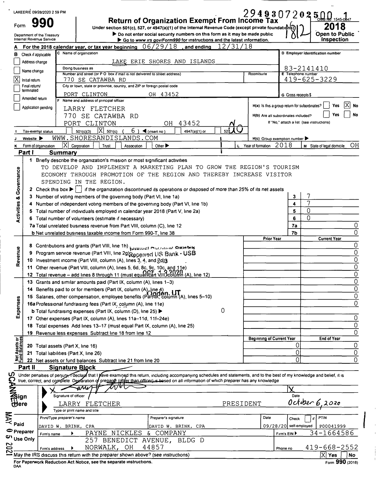 Image of first page of 2018 Form 990O for Lake Erie Shores and Islands