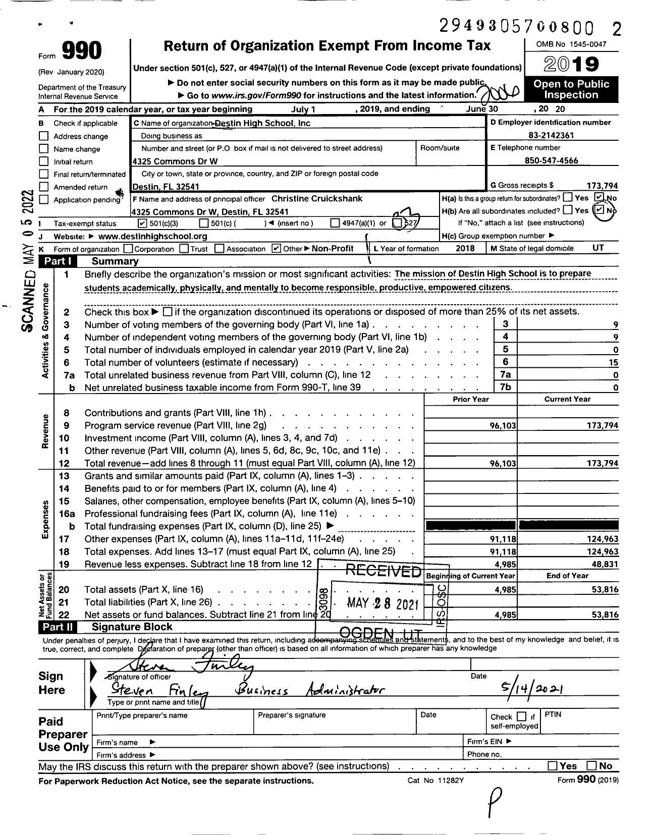 Image of first page of 2019 Form 990 for Destin High School