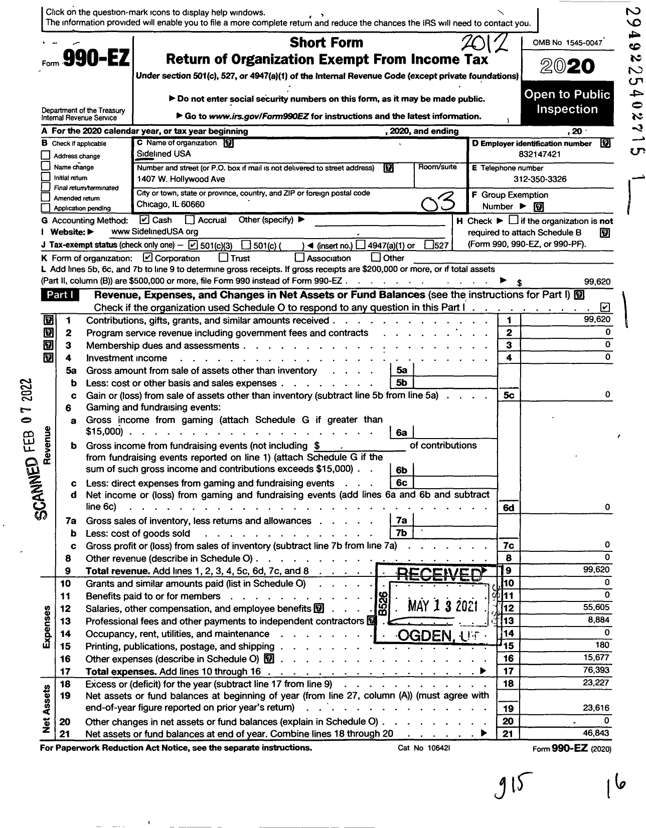 Image of first page of 2020 Form 990EZ for Sidelined USA