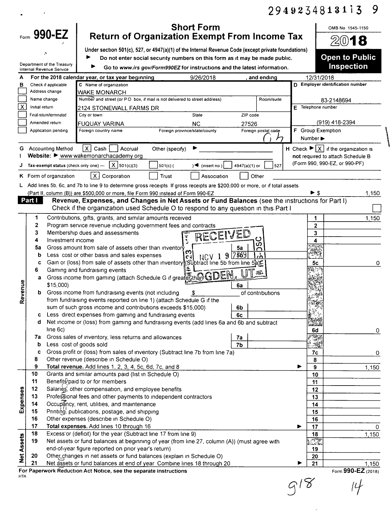 Image of first page of 2018 Form 990EZ for Wake Monarch