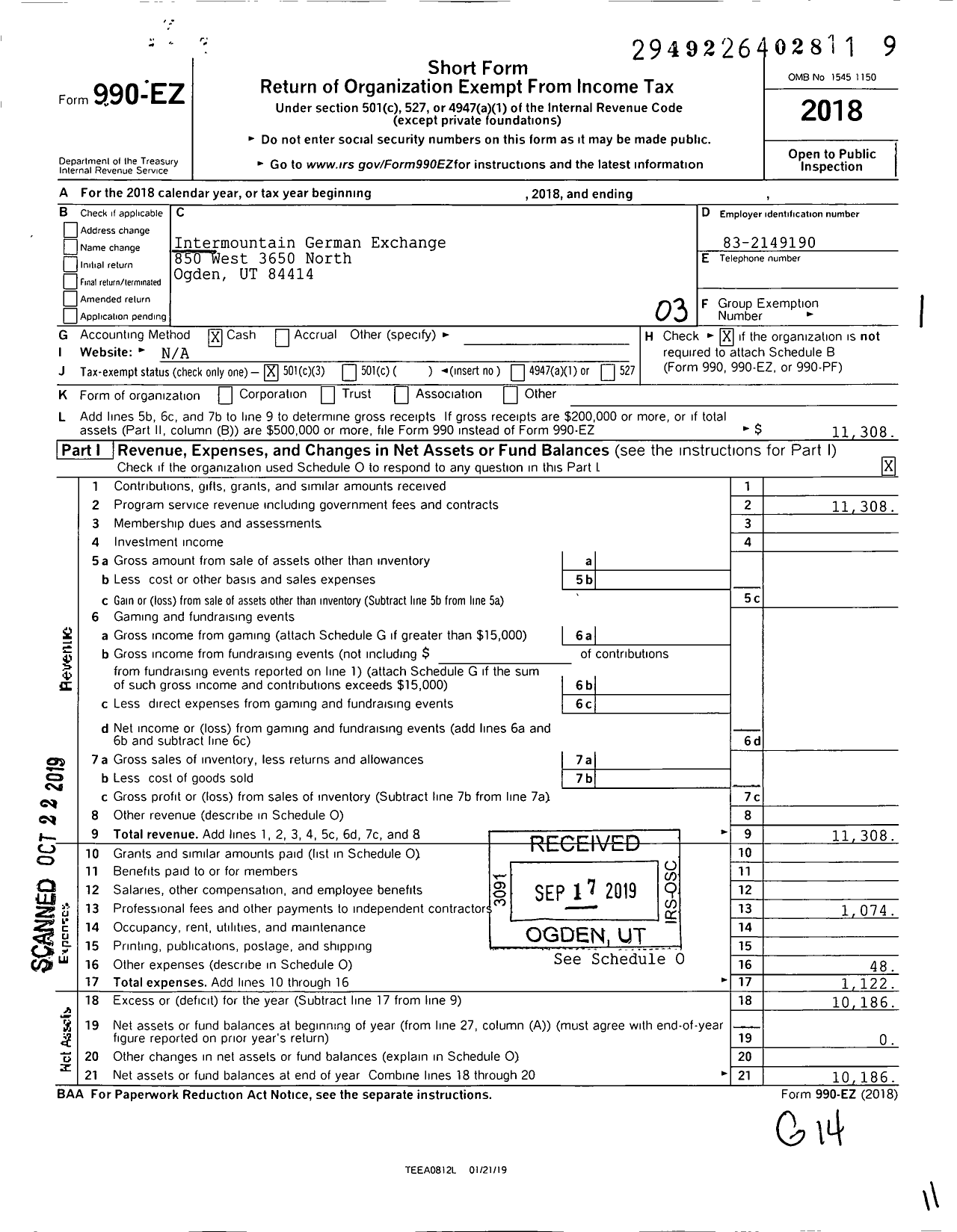 Image of first page of 2018 Form 990EZ for Intermountain German Exchange