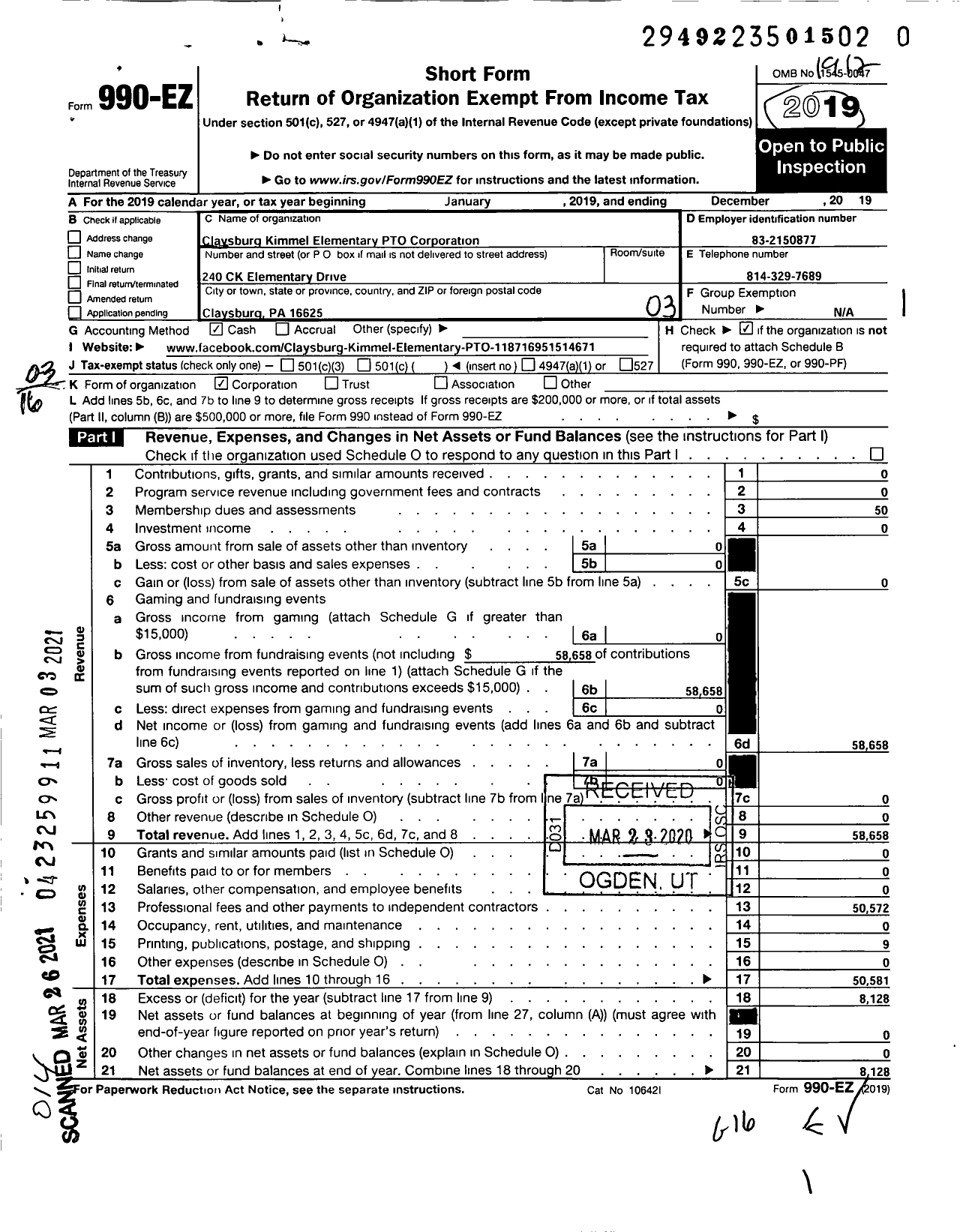 Image of first page of 2019 Form 990EZ for Claysburg Kimmel Elementary Pto Corporation