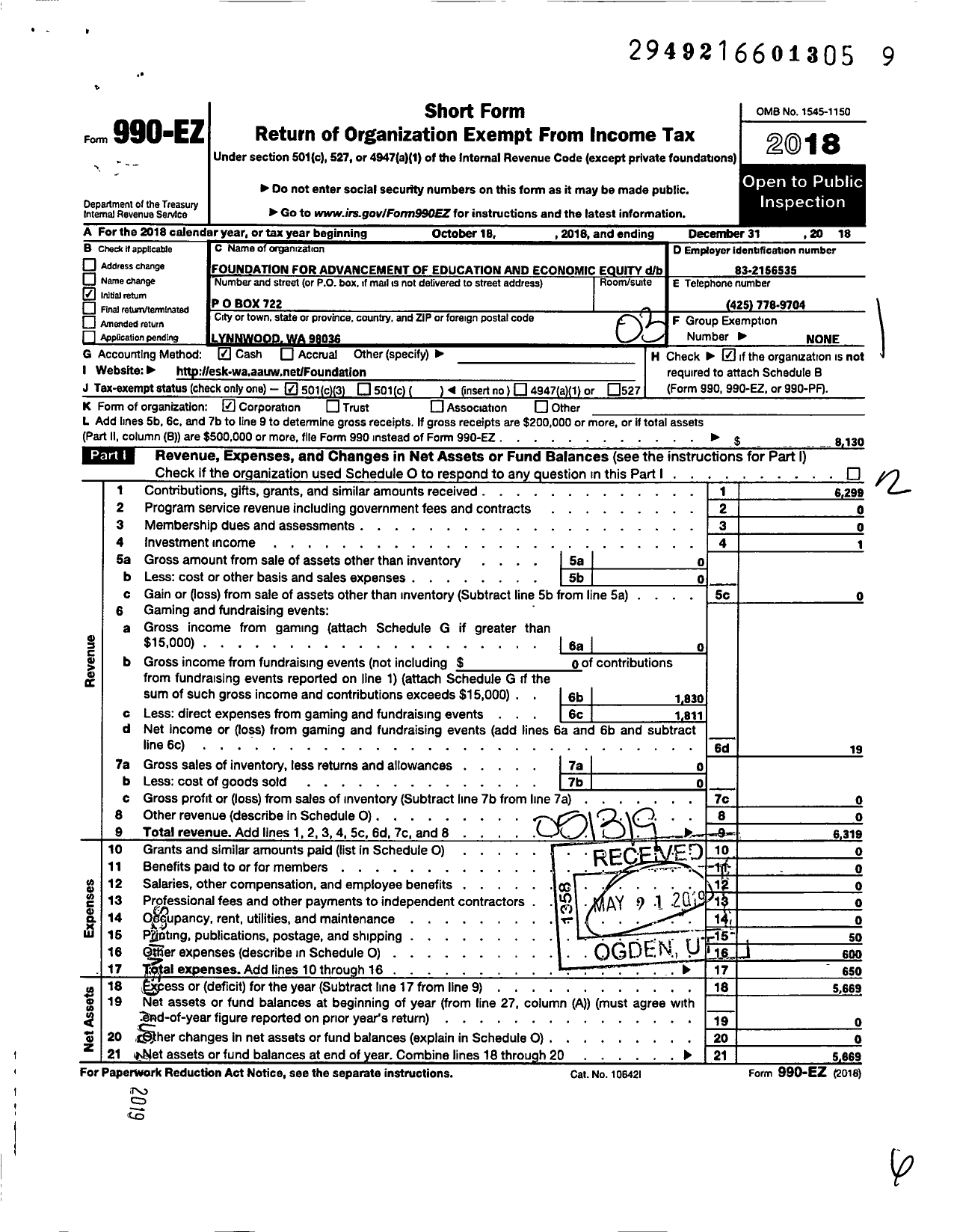 Image of first page of 2018 Form 990EZ for Foundation for Advancement of Education and Economic Equity