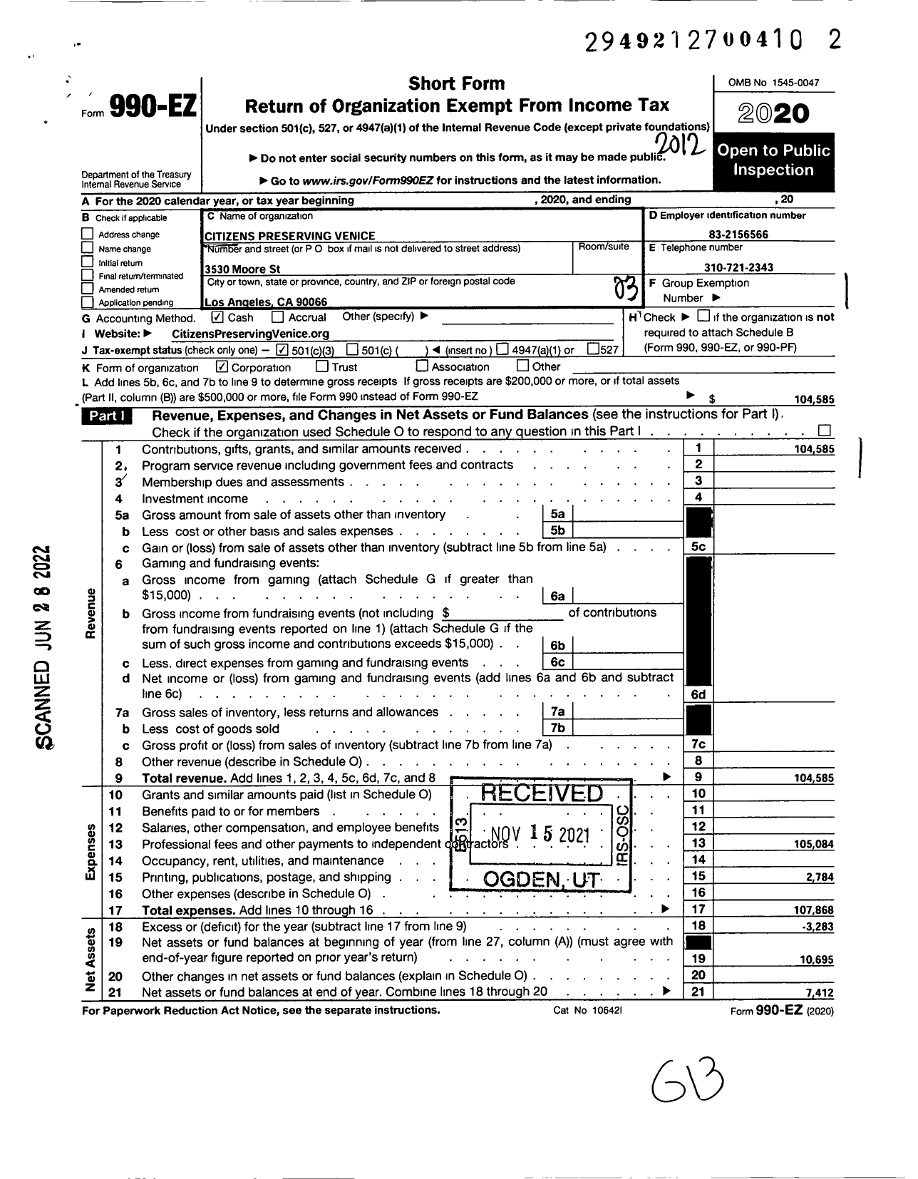 Image of first page of 2020 Form 990EZ for Citizens Preserving Venice