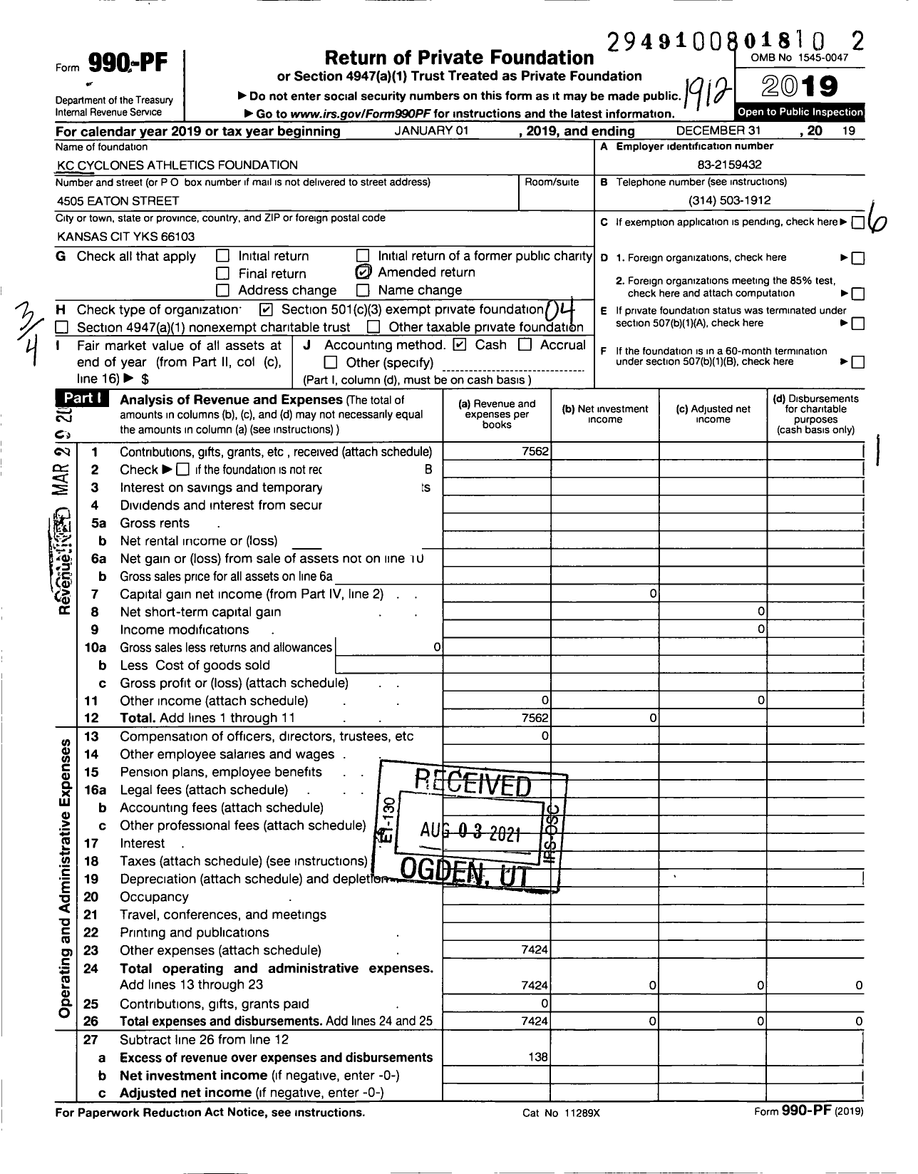 Image of first page of 2019 Form 990PF for KC Cyclones Athletic Foundation