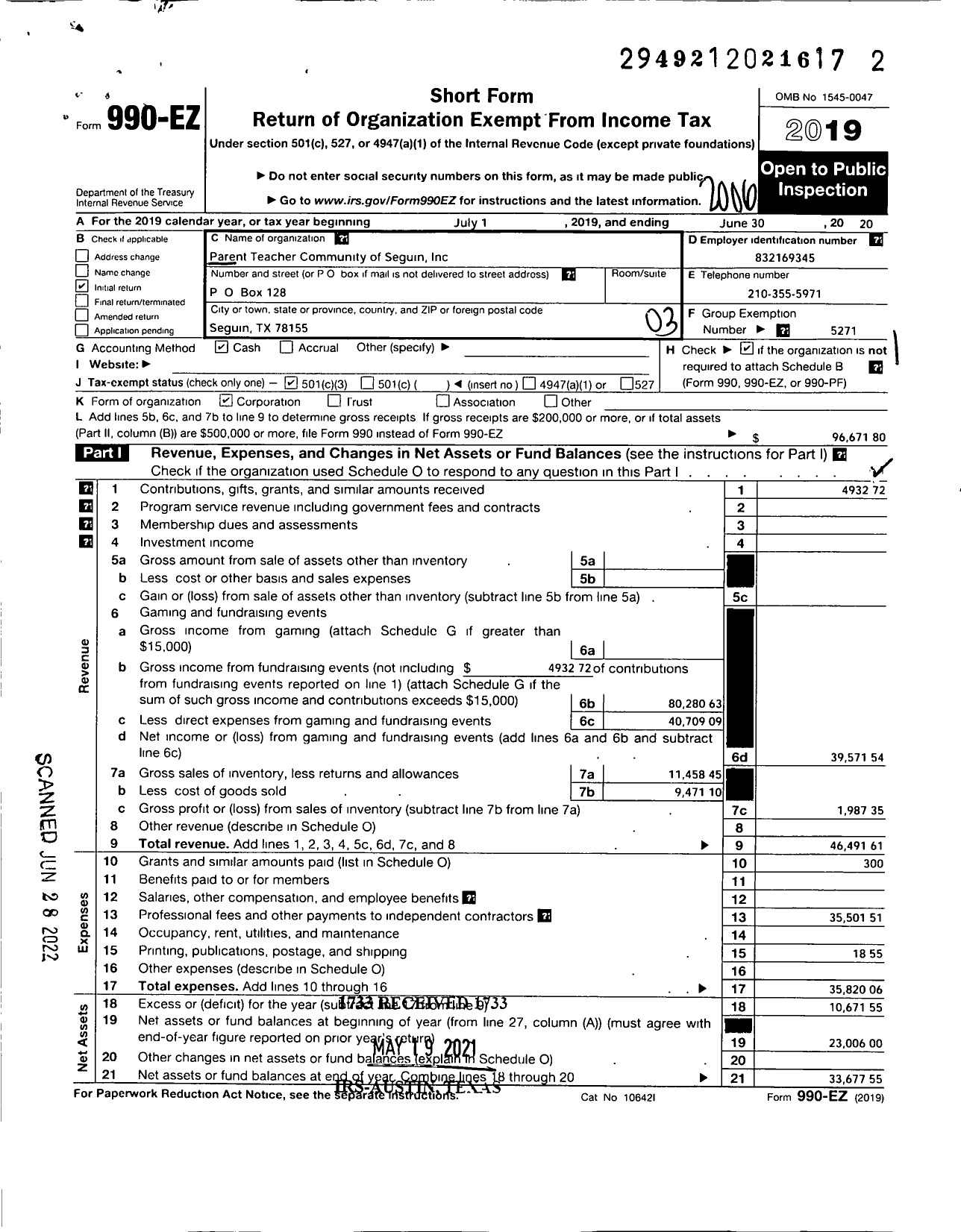 Image of first page of 2019 Form 990EZ for Parent Booster USA / Parent Teacher Community of Seguin