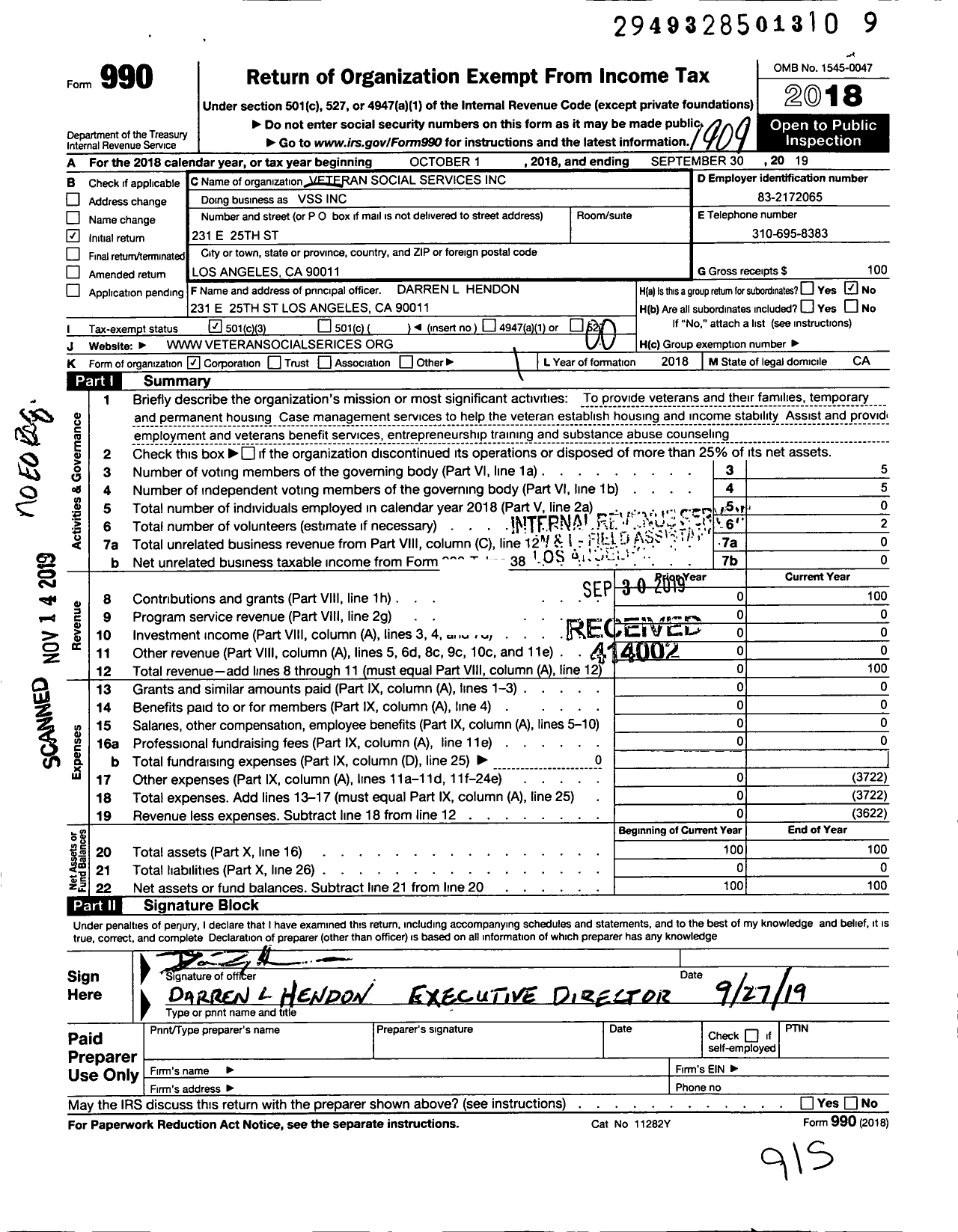 Image of first page of 2018 Form 990O for Veteran Social Services