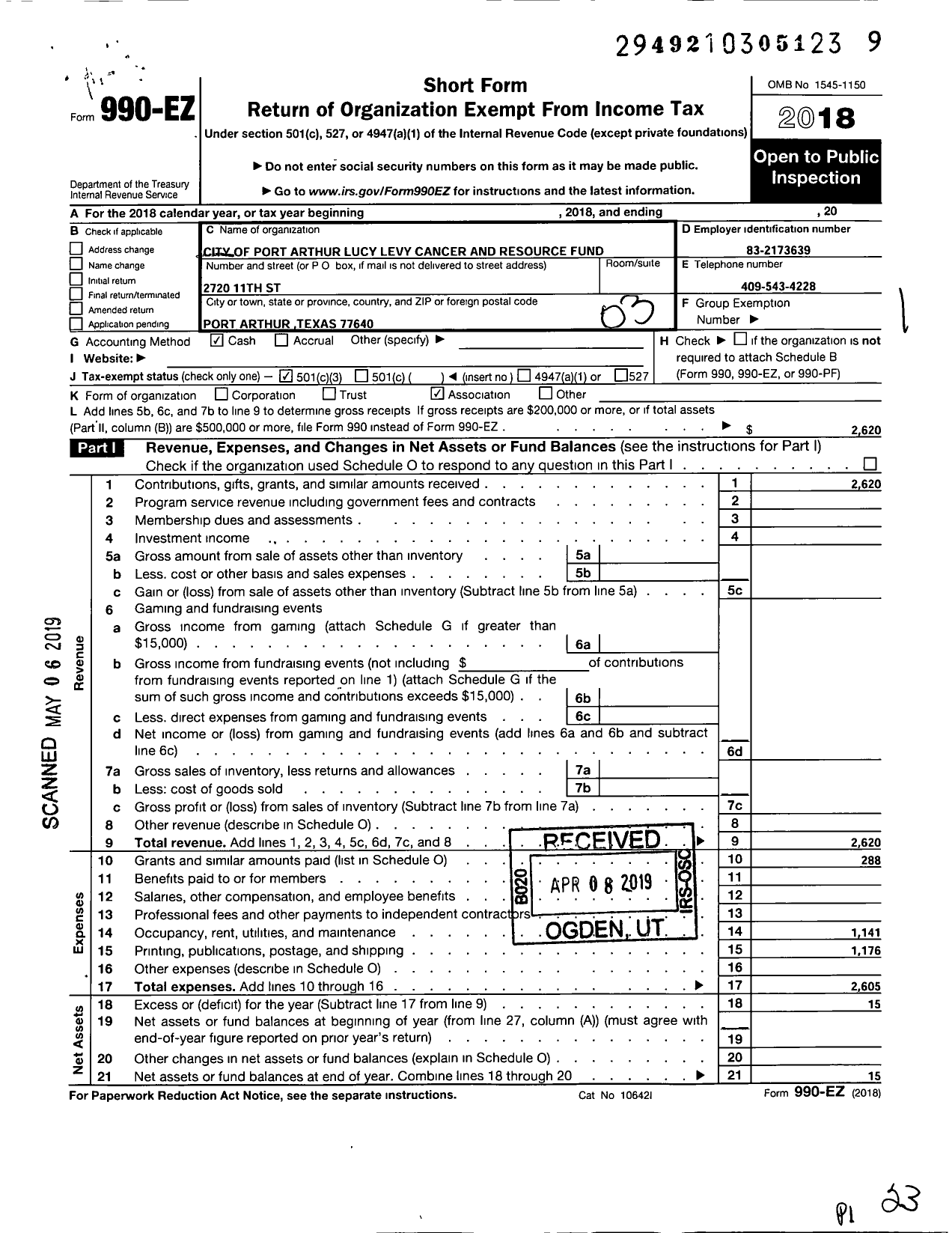 Image of first page of 2018 Form 990EZ for City of Port Arthur Lucy Levy Cancer and Resource Fund