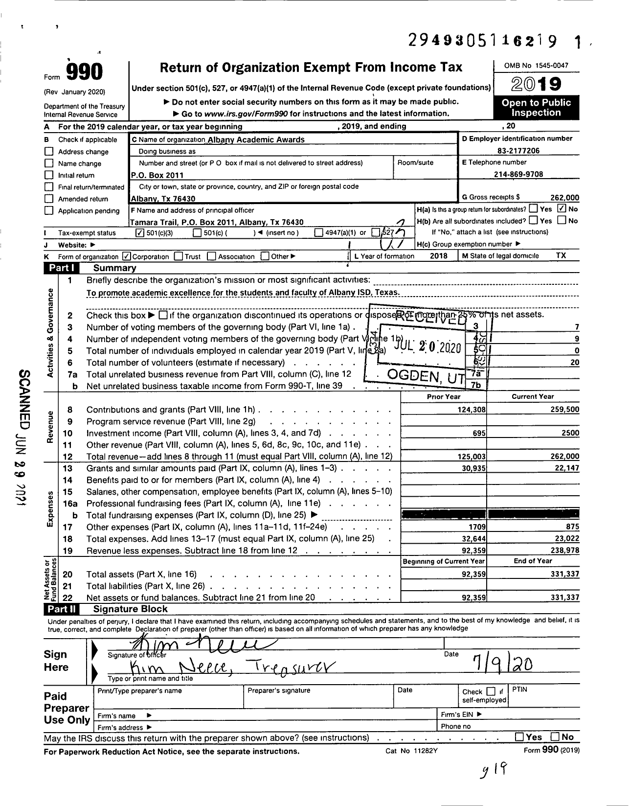 Image of first page of 2019 Form 990 for Albany Academic Awards