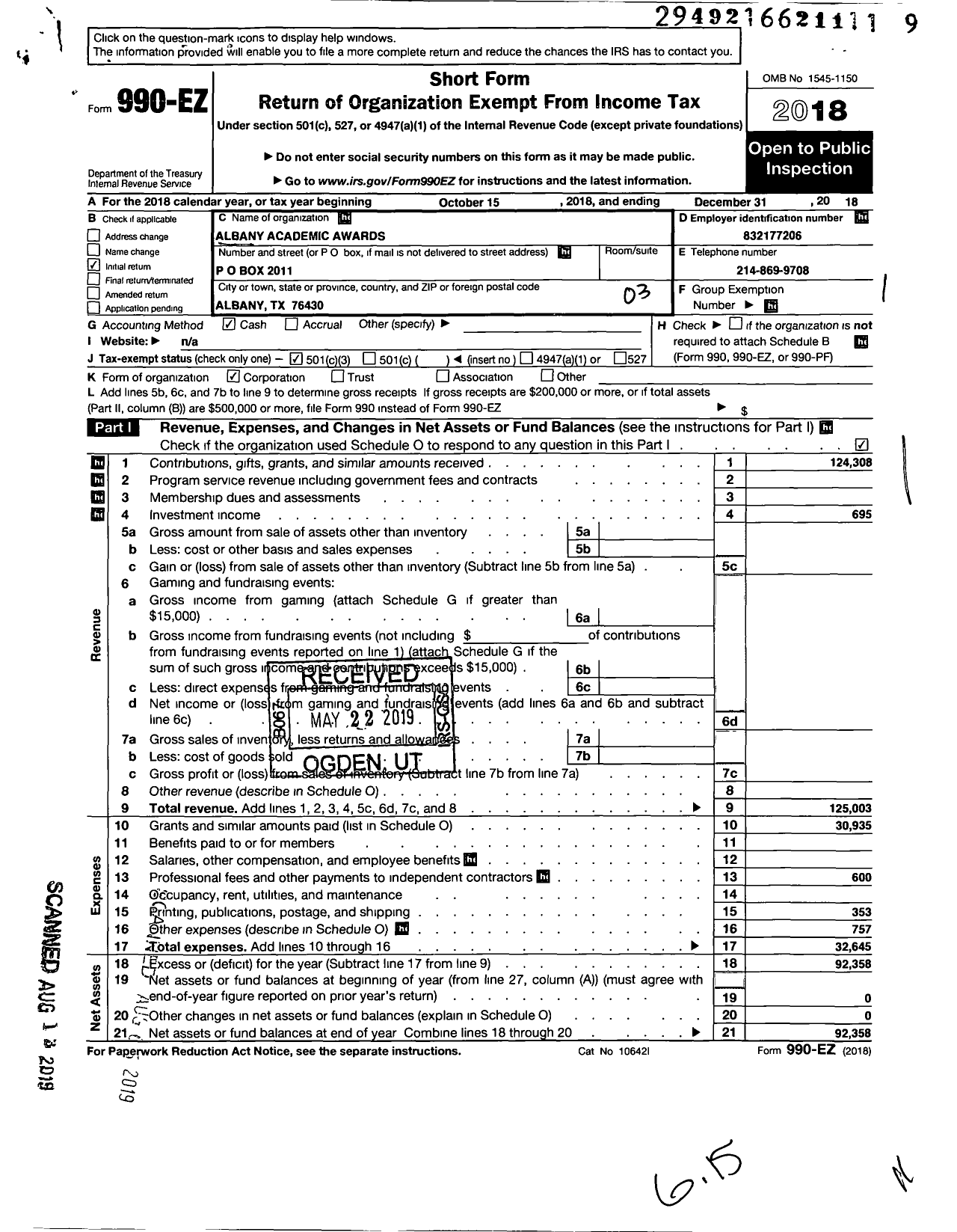 Image of first page of 2018 Form 990EZ for Albany Academic Awards