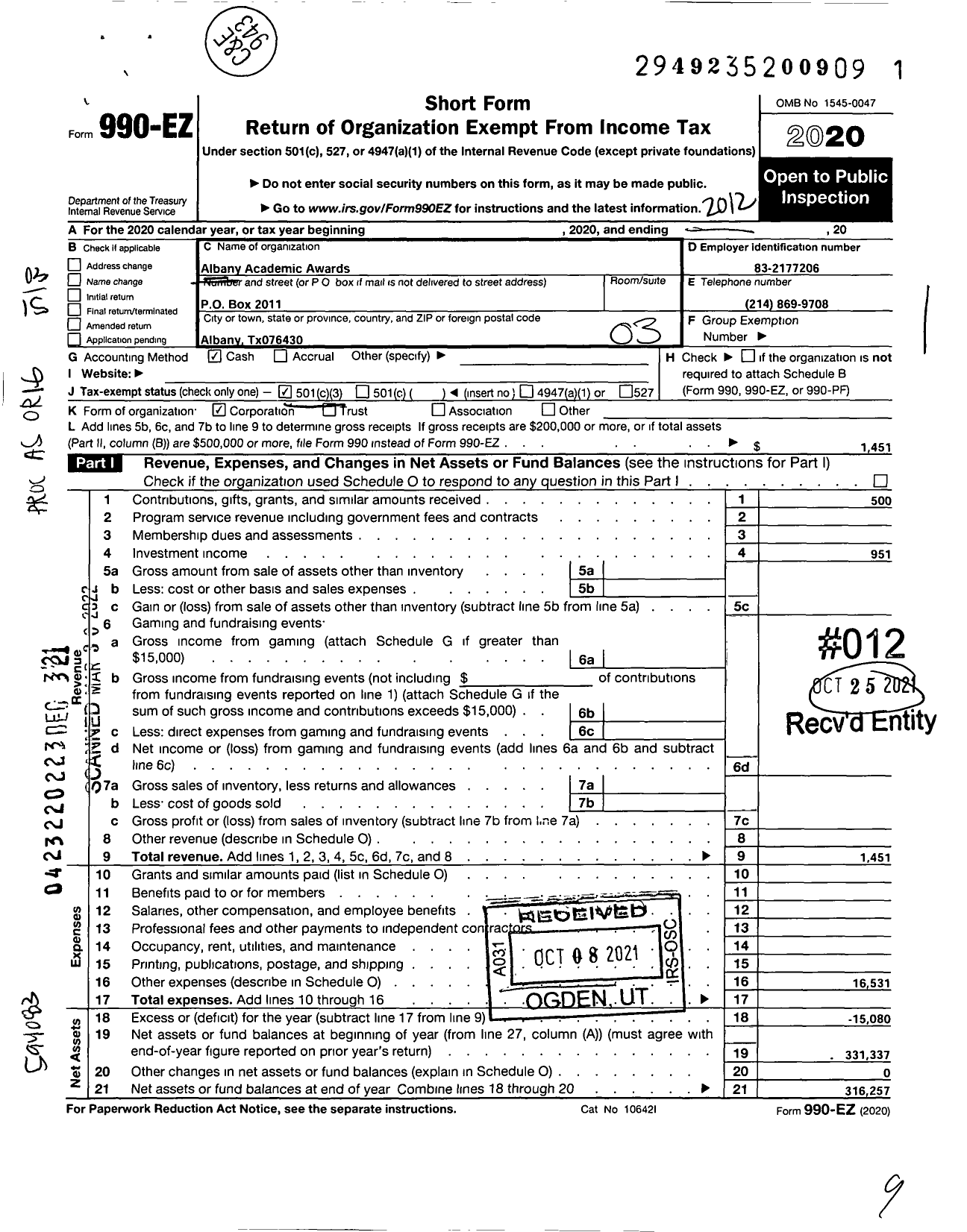 Image of first page of 2020 Form 990EZ for Albany Academic Awards