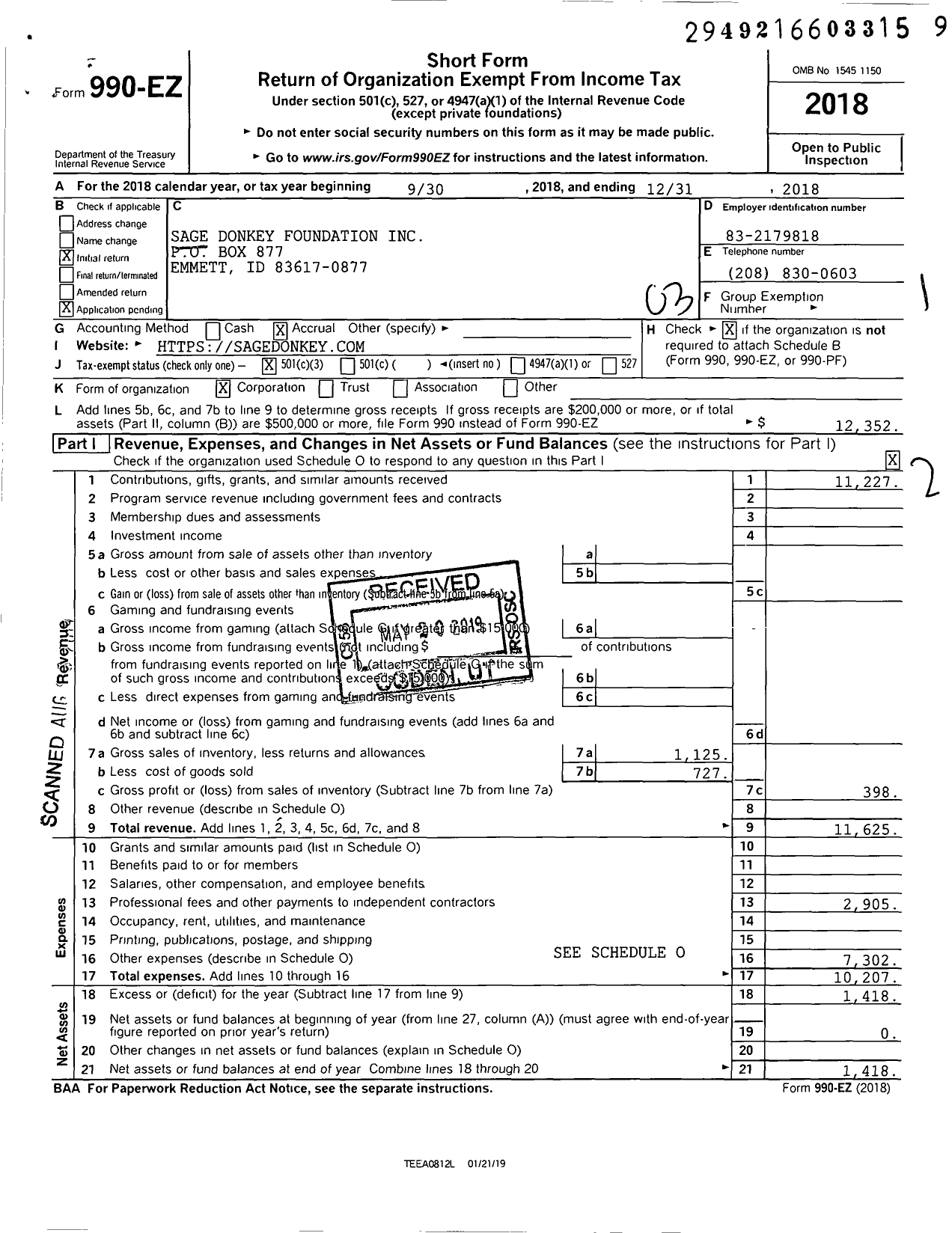 Image of first page of 2018 Form 990EZ for Sage Donkey Foundation