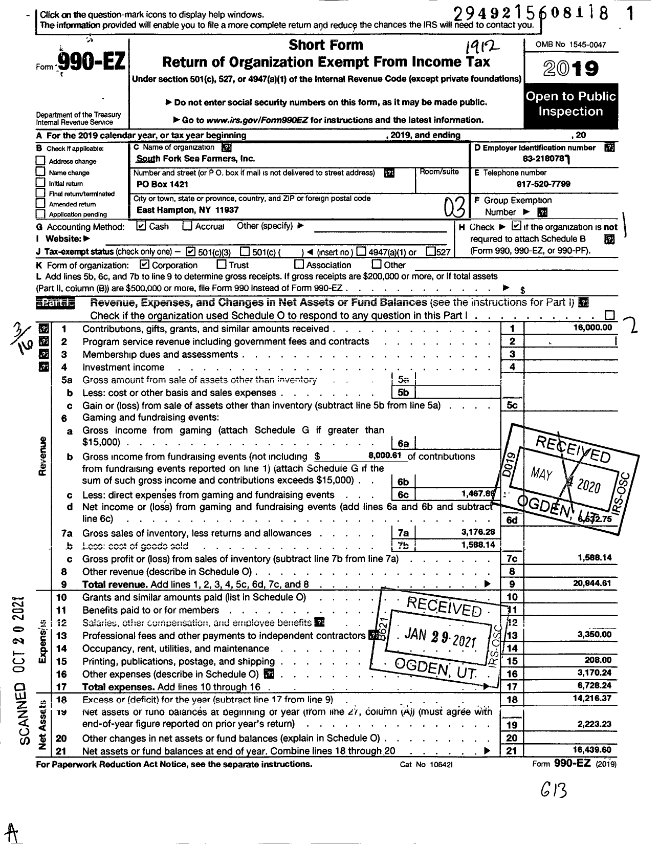 Image of first page of 2019 Form 990EZ for South Fork Sea Farmers