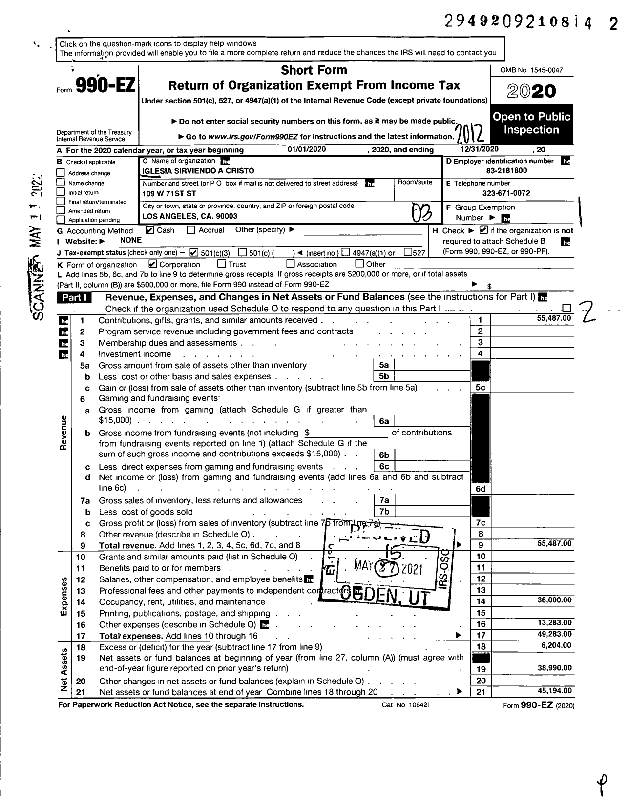 Image of first page of 2020 Form 990EZ for Iglesia Sirviendo A Cristo