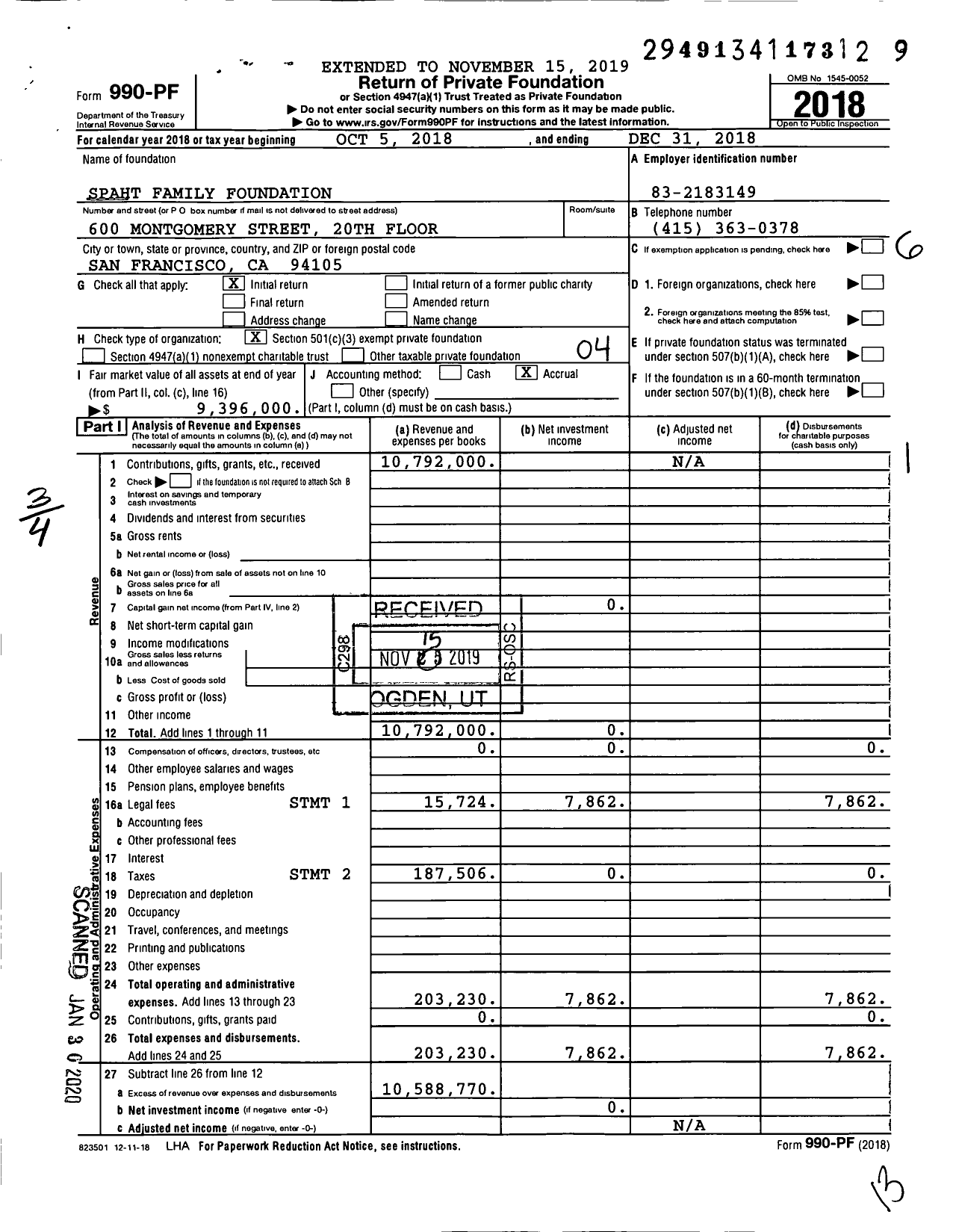 Image of first page of 2018 Form 990PF for Spaht Family Foundation