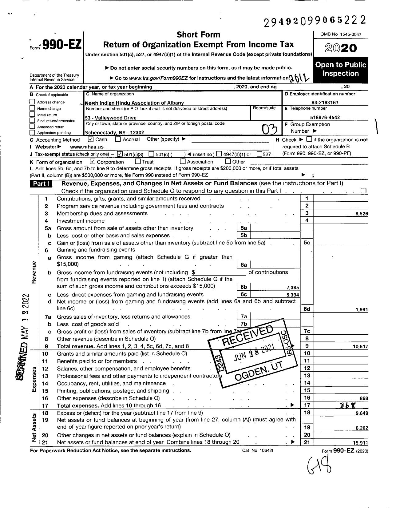 Image of first page of 2020 Form 990EZ for North Indian Hindu Association of Albany