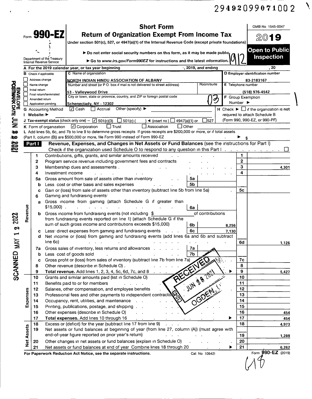 Image of first page of 2019 Form 990EZ for North Indian Hindu Association of Albany