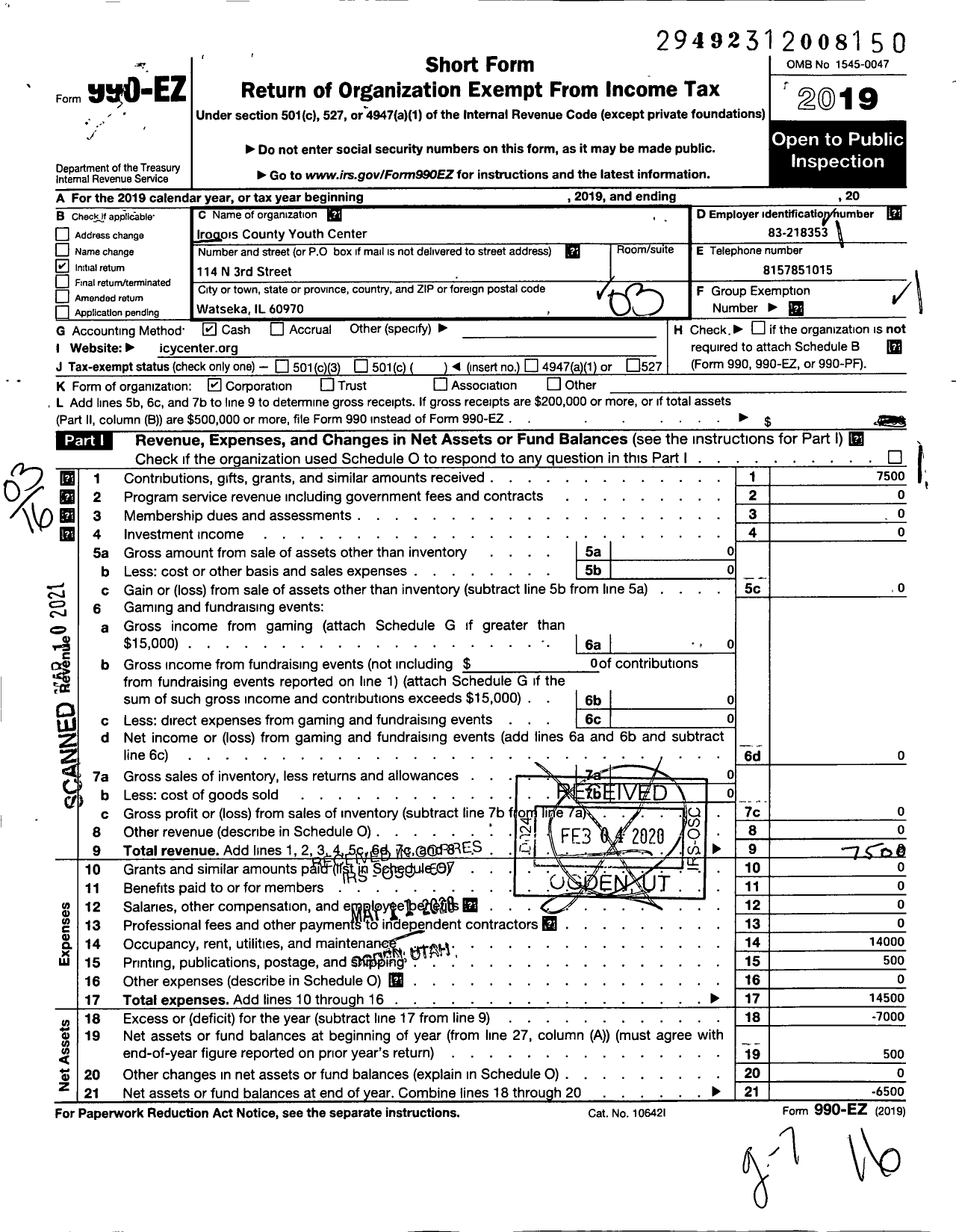 Image of first page of 2019 Form 990EZ for Iroquois County Youth Center