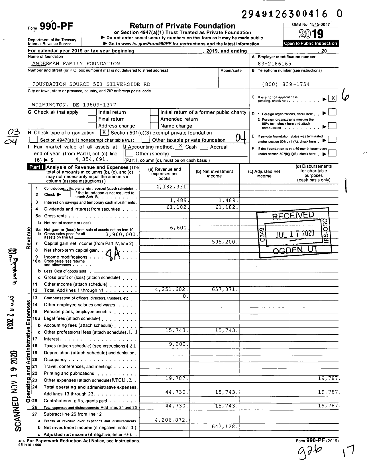 Image of first page of 2019 Form 990PF for Anderman Family Foundation