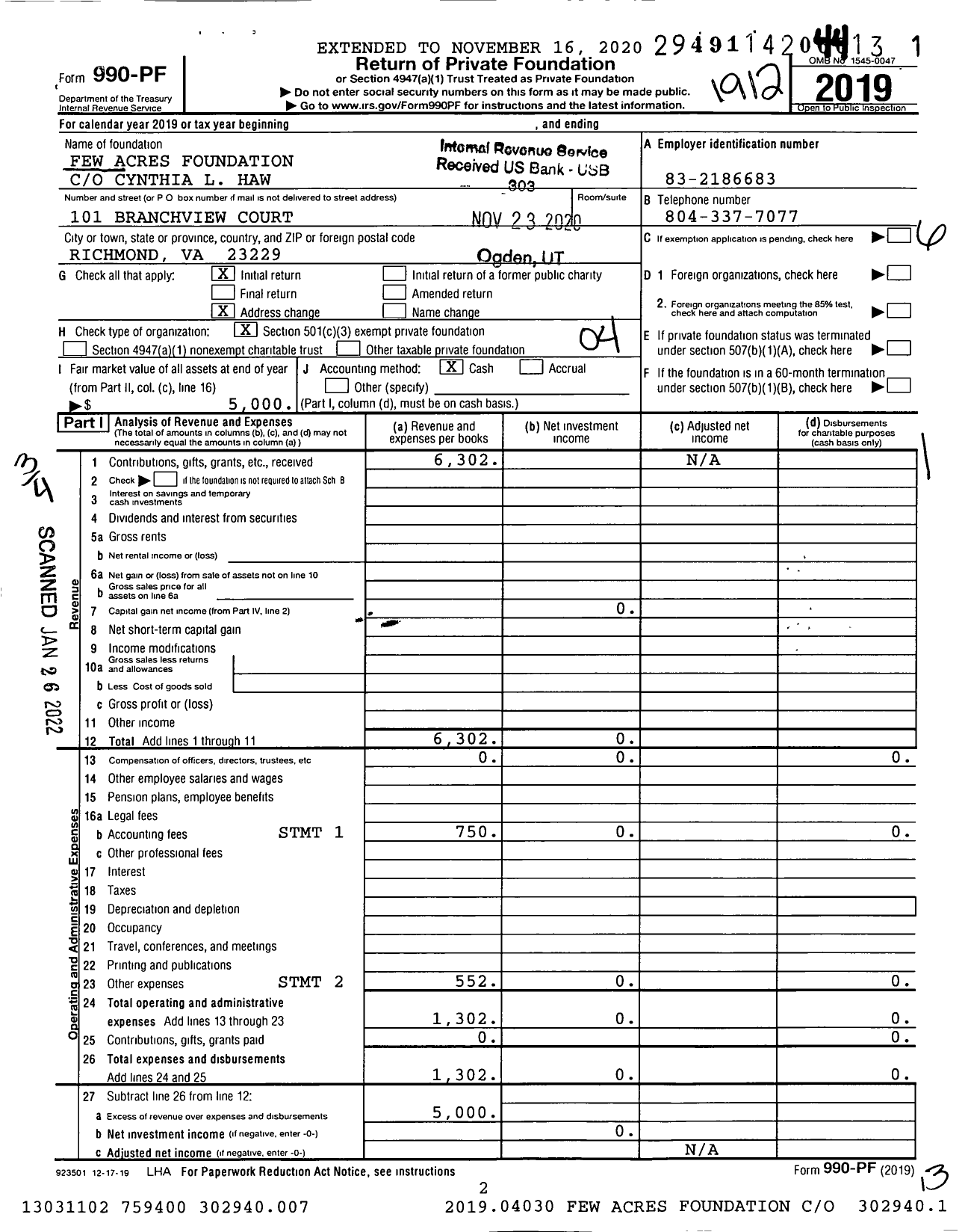 Image of first page of 2019 Form 990PF for Few Acres Foundation