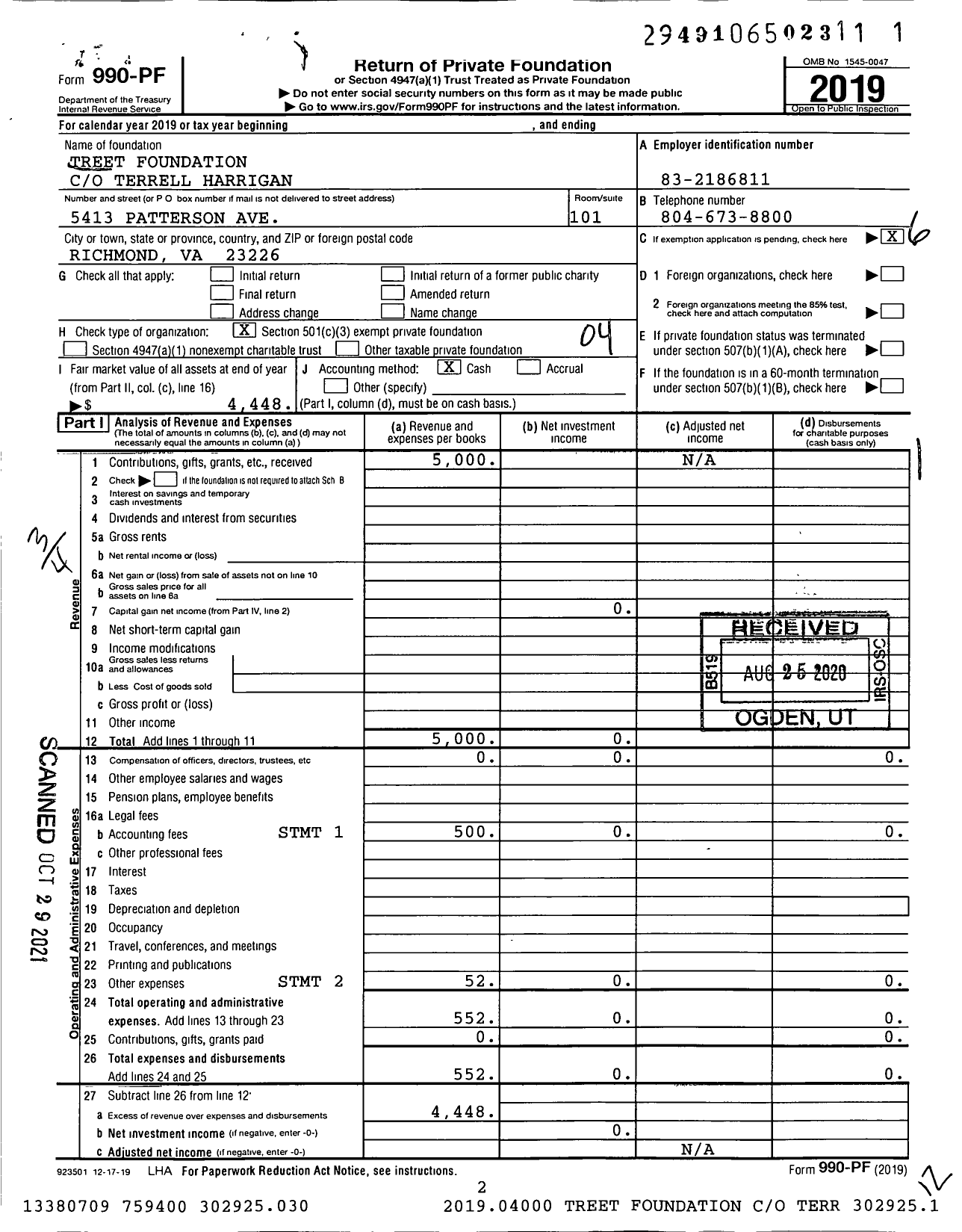 Image of first page of 2019 Form 990PF for Treet Foundation