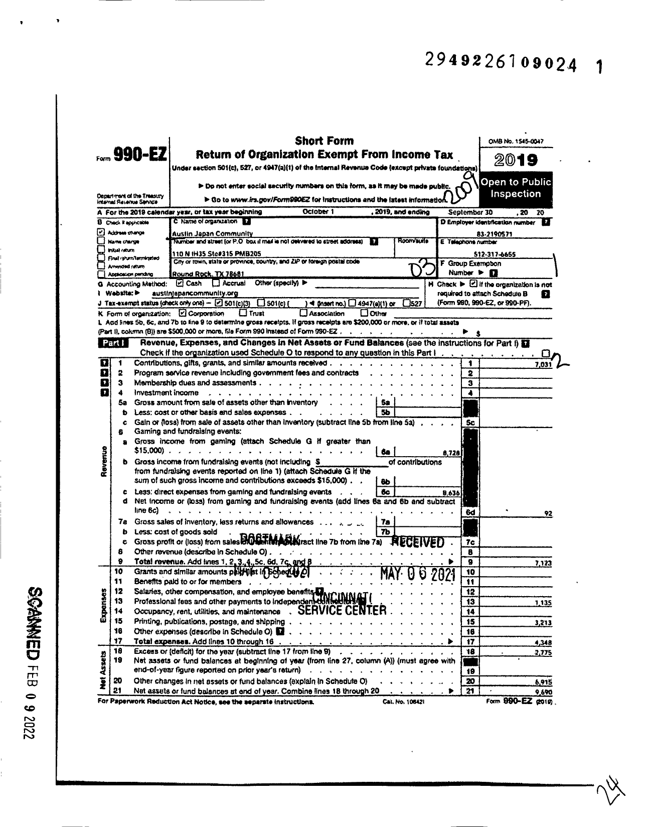 Image of first page of 2019 Form 990EZ for Austin Japan Community