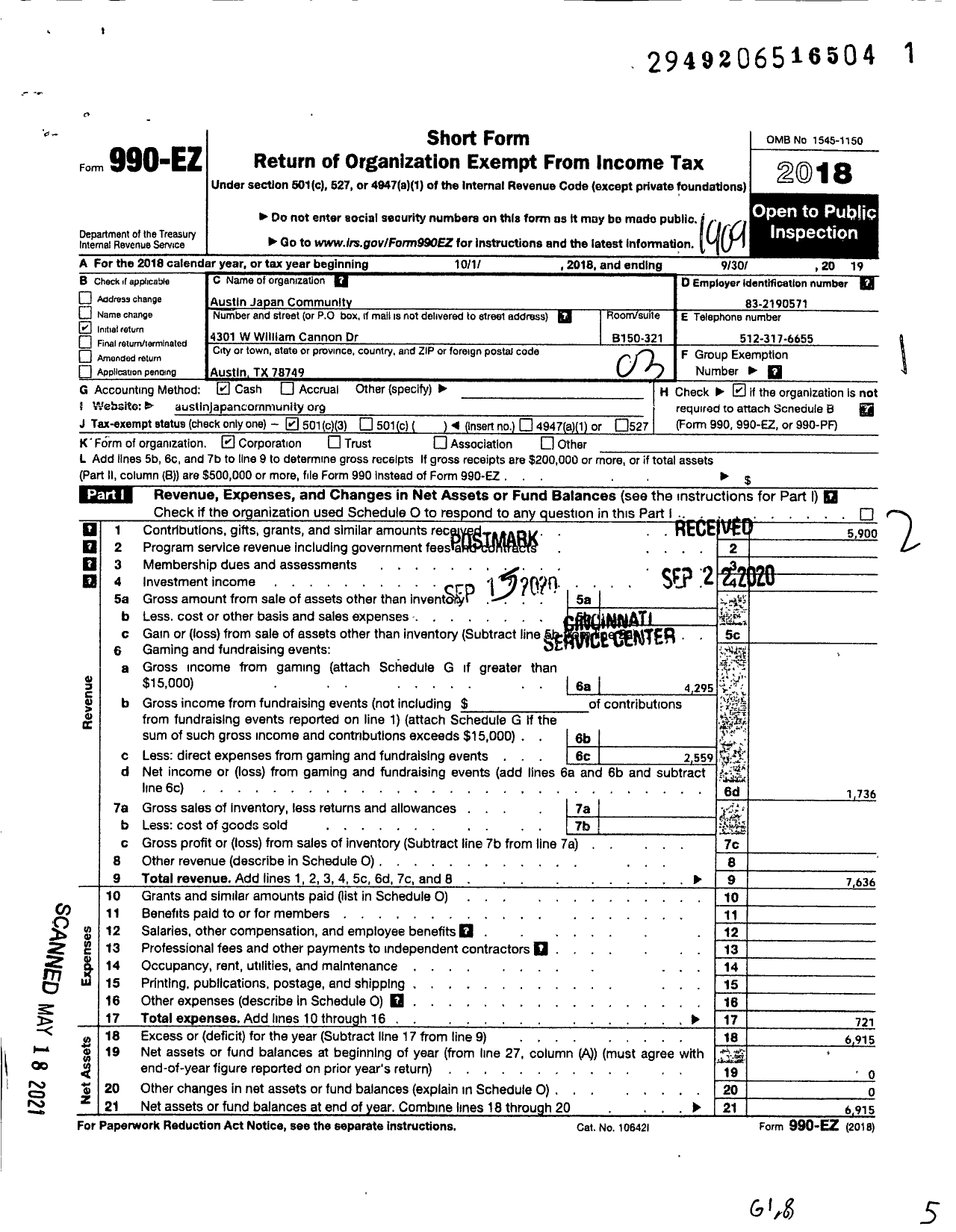 Image of first page of 2018 Form 990EZ for Austin Japan Community