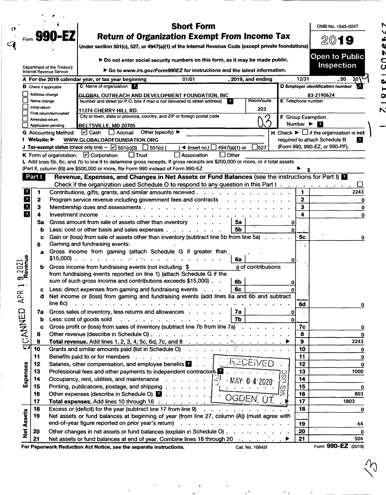 Image of first page of 2019 Form 990EZ for Global Outreach and Development Foundation