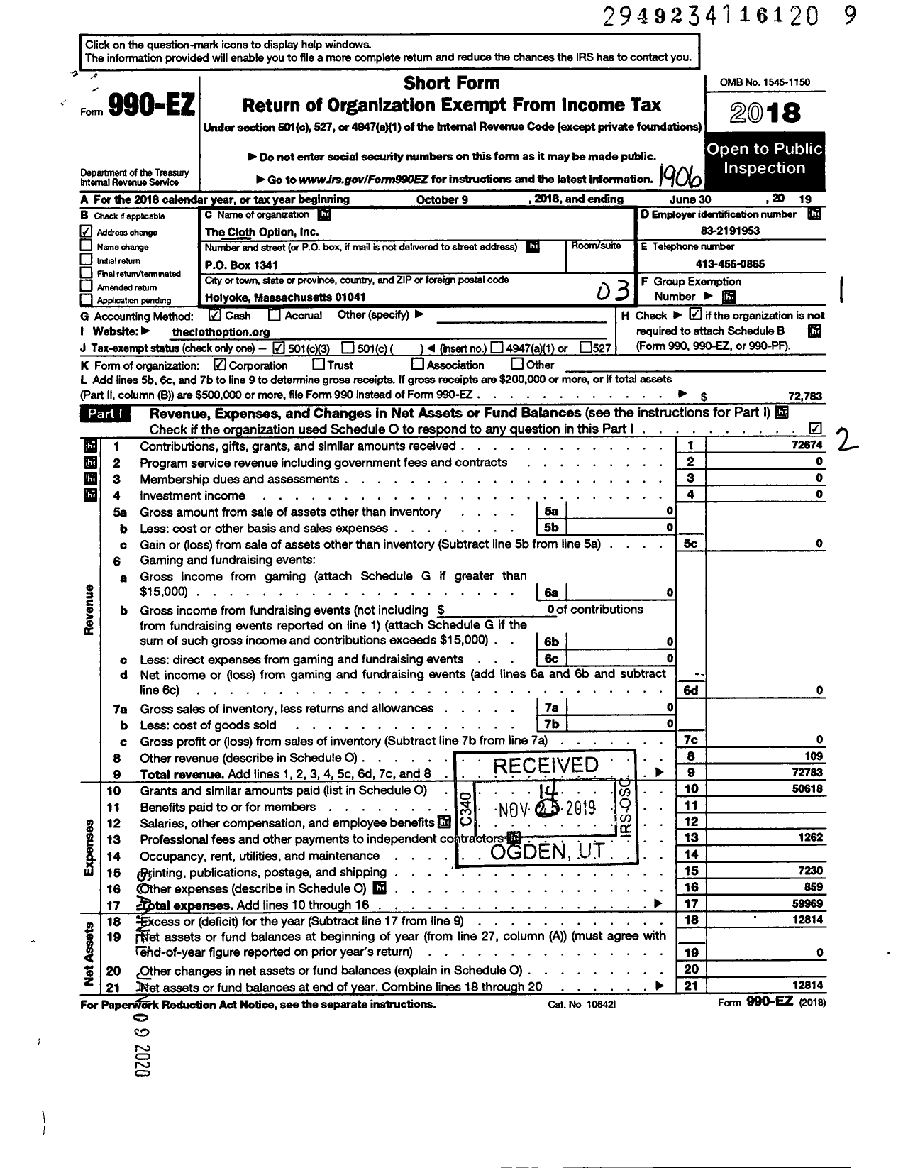 Image of first page of 2018 Form 990EZ for The Cloth Option