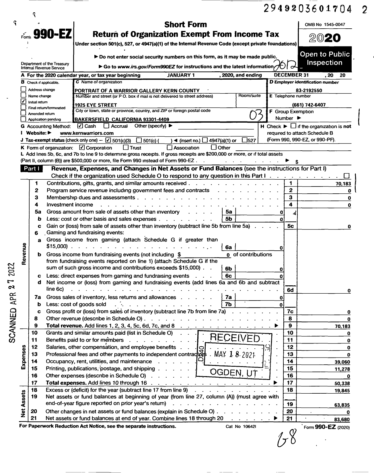 Image of first page of 2020 Form 990EZ for Portrait of A Warrior Gallery Kern County