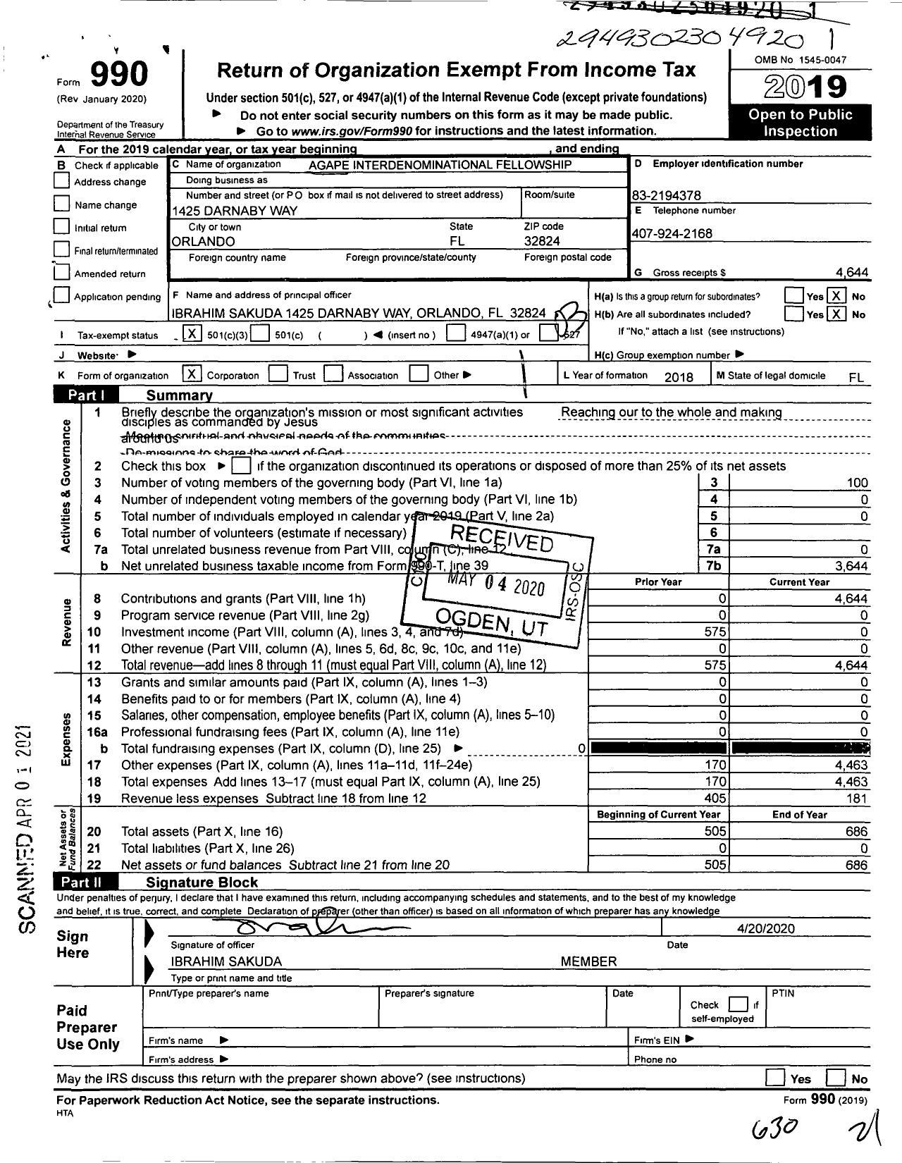 Image of first page of 2019 Form 990 for Agape Interdenominational Fellowship