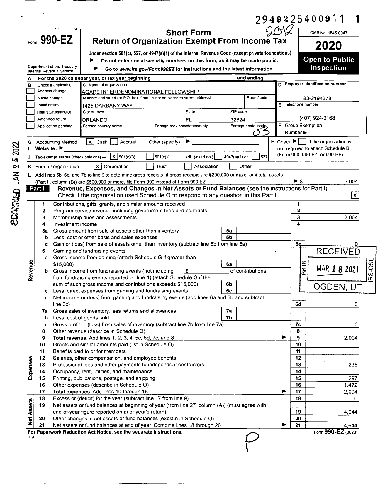 Image of first page of 2020 Form 990EZ for Agape Interdenominational Fellowship